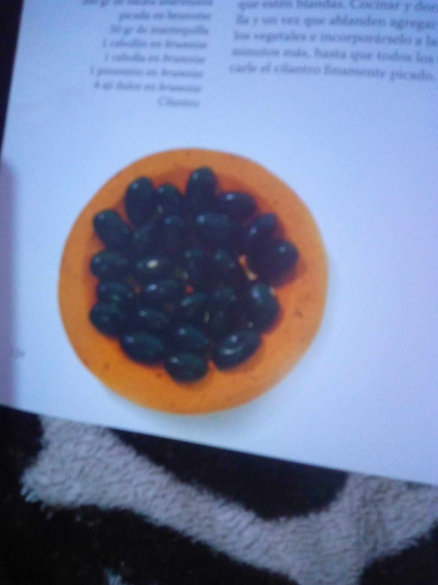 A slightly out-of-focus overhead shot shows a small, orange bowl filled with black beans. The bowl is positioned on the right side of the frame, resting on a black and white textured surface that appears to be a blanket or rug. In the background, to the left of the bowl, a page of text is visible. The text is blurred, but some words appear to be in Spanish, mentioning ingredients and cooking instructions. No people are visible in the image. The lighting is diffuse, and the overall impression is of a casual, domestic setting. There is no indication of a specific location within the city of La Tagua, Venezuela.
