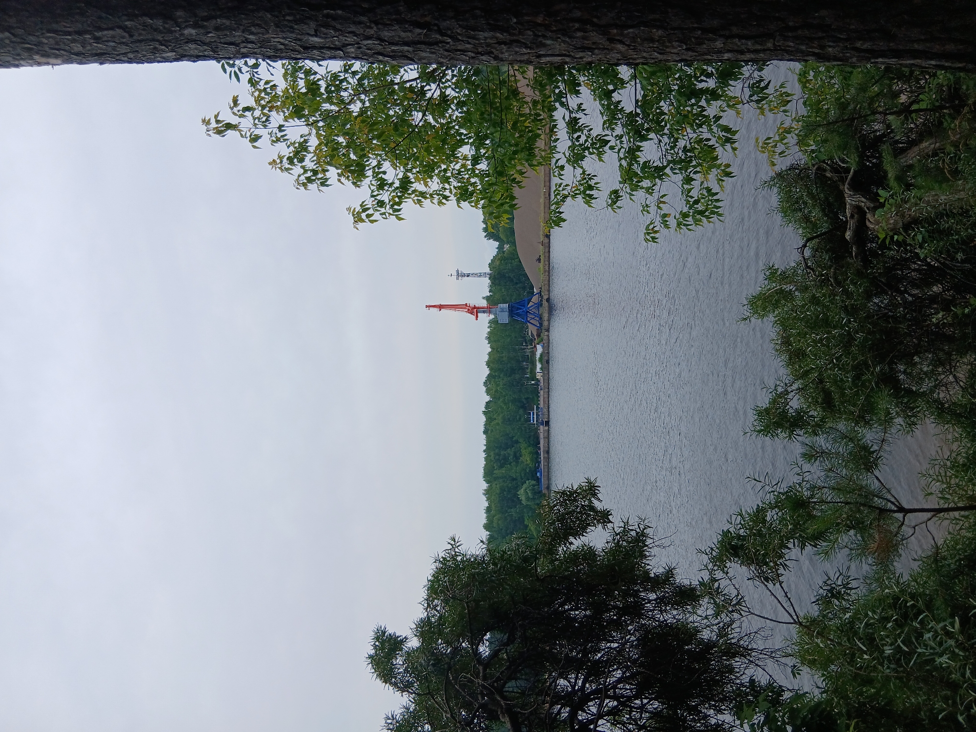The image captures a view of the Kama River in Chaikovsky, Russia, framed by trees in the foreground. On the opposite bank, a large industrial crane with a red boom and blue base stands near a pile of aggregate. The sky is overcast, contributing to a subdued and muted color palette. The water is calm, with subtle ripples reflecting the dull sky. The scene suggests a functional port or industrial area along the river, contrasted with the natural elements of the trees and water. There are no people visible in the image.