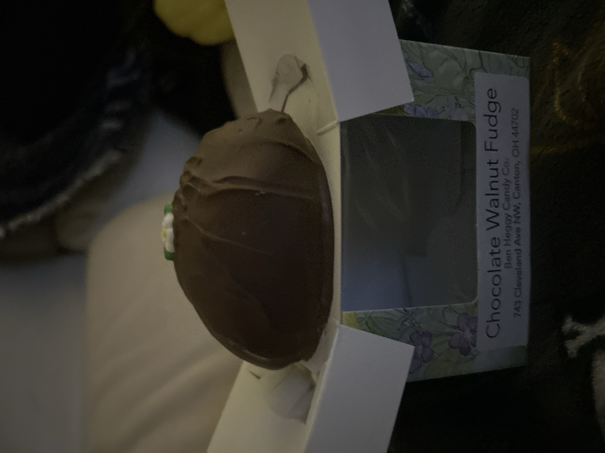 The image shows a close-up of a "Chocolate Walnut Fudge" from Ben Heggy Candy Co., located at 743 Cleveland Ave NW, Canton, OH 44702. The fudge is coated in chocolate and partially visible through a window in its packaging. The rest of the scene is blurred. The image does not provide any information about Cape Coral, United States of America.