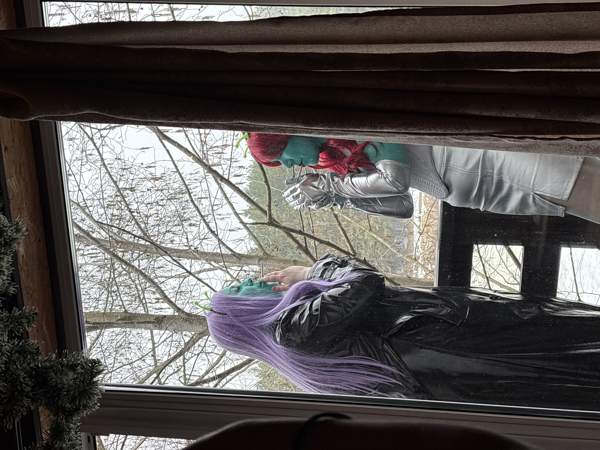 The image, likely taken indoors, shows two individuals reflected in a window with a curtain partially obscuring the top. The background visible through the window reveals bare tree branches. One individual, dressed in silver attire and silver gloves, has a green complexion and red hair with green antenna-like protrusions. The other individual, wearing a black shiny garment, has green skin and long purple hair with green antenna-like protrusions. No specific location within Prikamskii, Russia, is discernable from the provided image.