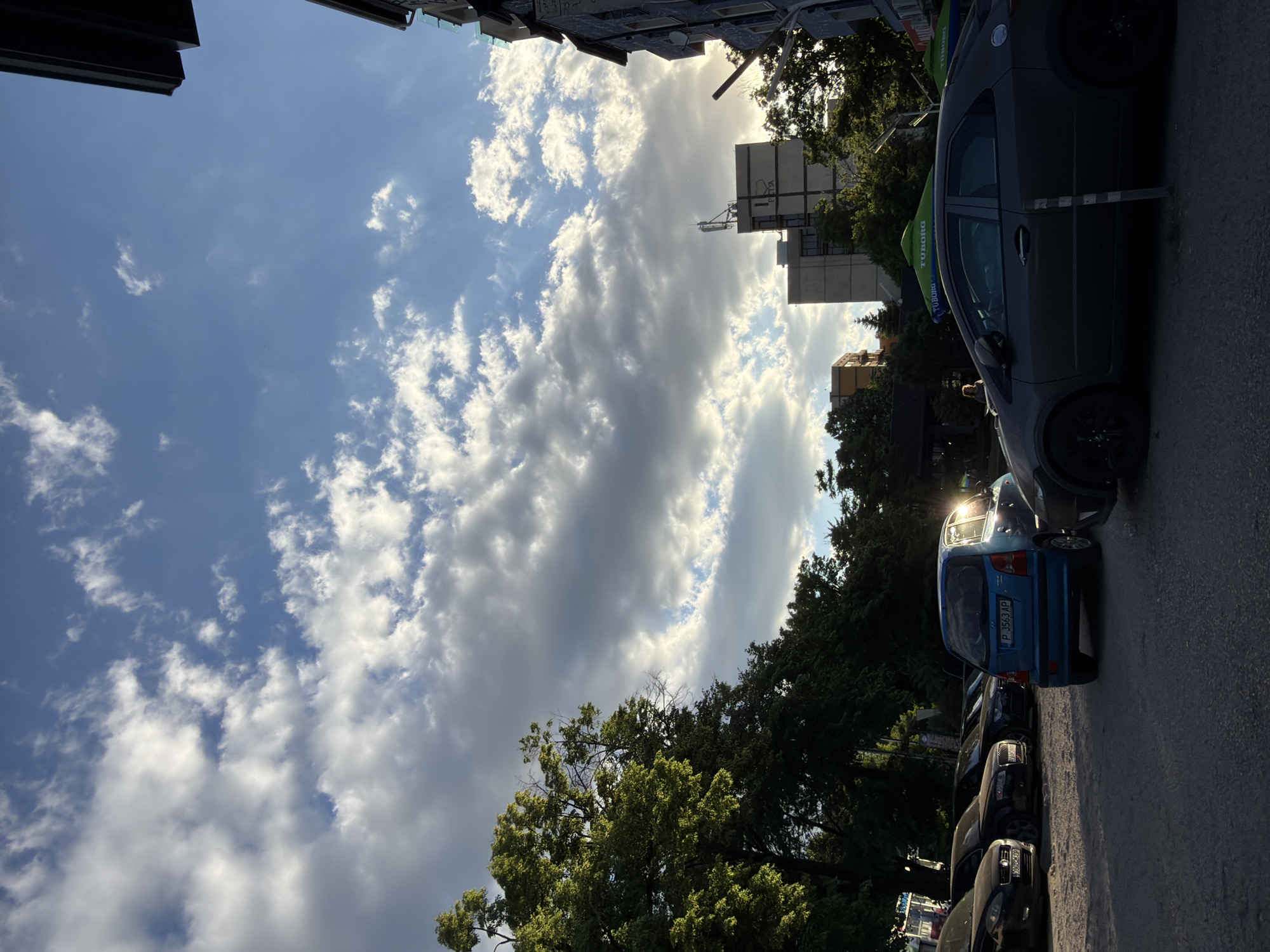 The image shows a street in Sofia, Bulgaria. The sky is partly cloudy with blue sky visible between the clouds. Buildings are visible in the background, including one with antennae. A line of parked cars is on the right side of the street, including a blue Opel Zafira with license plate "P 3563 AP". Green trees line the street, and a grey hatchback car is partly visible on the right.