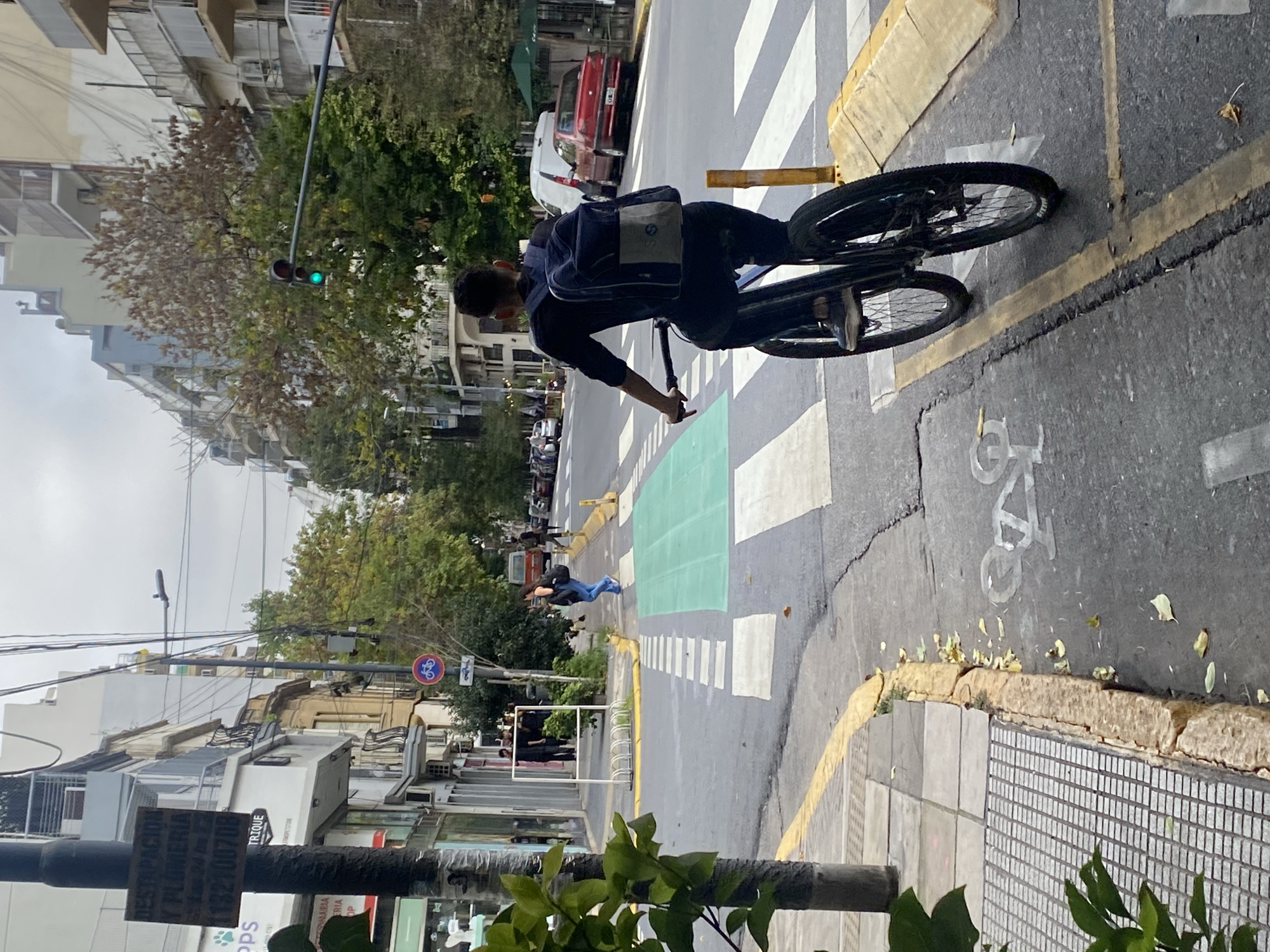 The image depicts an urban street scene in Buenos Aires, Argentina, captured during daylight, likely under an overcast sky. The central subject is a person, seen from behind, riding a dark-colored bicycle across a marked crosswalk. They wear a dark long-sleeved shirt, dark pants, and a dark backpack with a light grey flap. The cyclist is moving from left to right in the frame, with the handlebars and front wheel visible.
The street features prominent white crosswalk stripes, with a rectangular section of the crosswalk painted bright green, possibly indicating a bicycle-specific crossing area. A faded white bicycle symbol is also painted on the asphalt. The road is bordered by yellow lines and concrete barriers. To the left, a traffic light shows a green signal, indicating clear passage for the cyclist.
In the background, multi-story buildings with balconies line the street, interspersed with lush green trees and some with brownish foliage. Parked vehicles, including a red car and a white van, are visible further down the road. Another person in blue pants is seen crossing the street in the distance. A blue circular sign with a white bicycle symbol is mounted on a pole further down the street, suggesting a cycling-friendly area.
In the foreground on the left, a dark street pole features a sign with visible Spanish text: "DESTRABACION Y PLOMERIA" (Unclogging and Plumbing), "24 HS" (24 hours), and a phone number "1132100700". Partially visible text "TOPPS" is also on the sign. The ground includes tiled sidewalks and asphalt, with scattered dry leaves. The overall scene suggests a typical, active city environment.