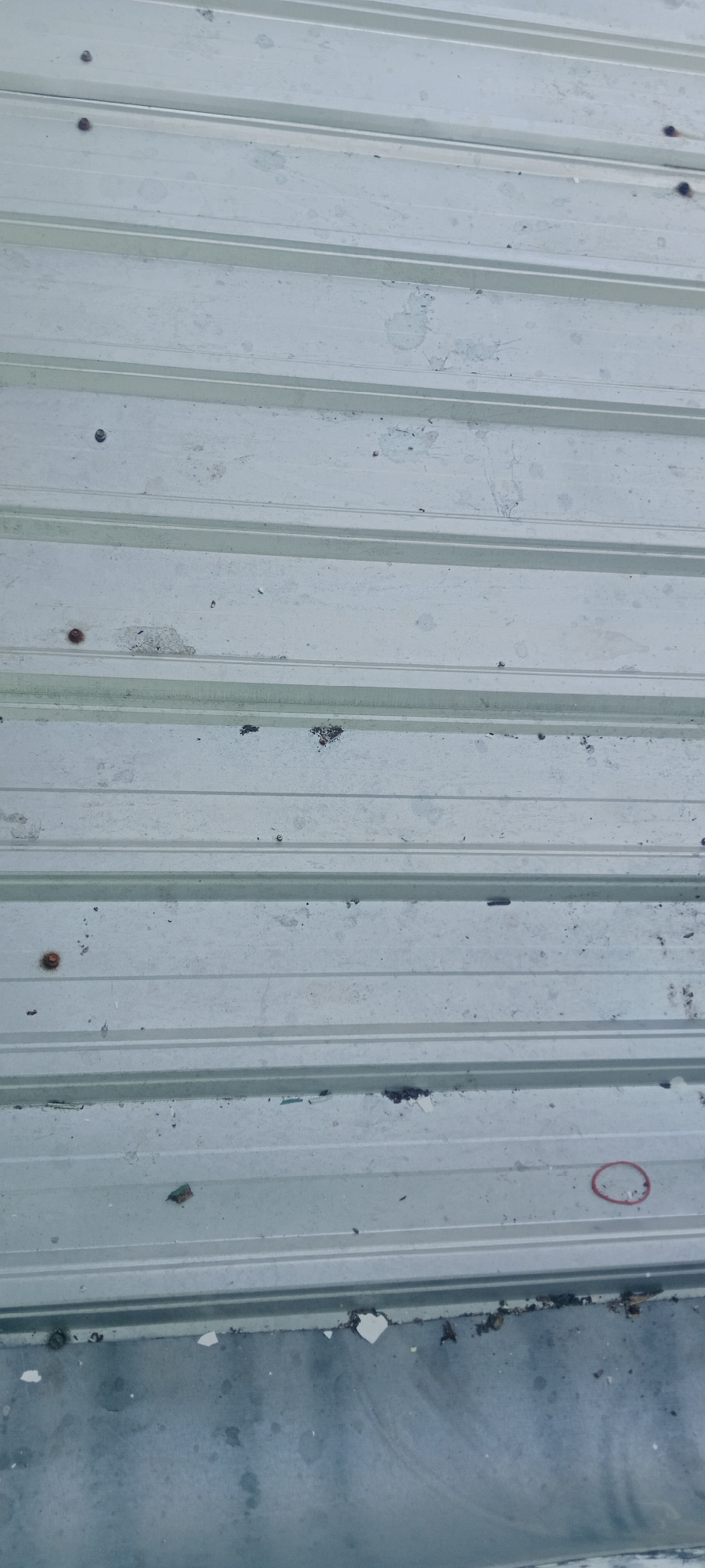 The image shows a close-up, overhead view of a weathered, light gray corrugated metal surface, likely a roof or wall. The metal has several horizontal ridges. The surface is dirty and appears to have some rust spots, stains, and debris scattered across it. In the bottom right quadrant of the image, a thin red rubber band is visible. The lower portion of the image transitions to a blurry, darker gray surface with mottled patterns, possibly a ground surface or another structure. The overall impression is one of decay and neglect of an outdoor structure. This scene is located in Tuban, Indonesia.