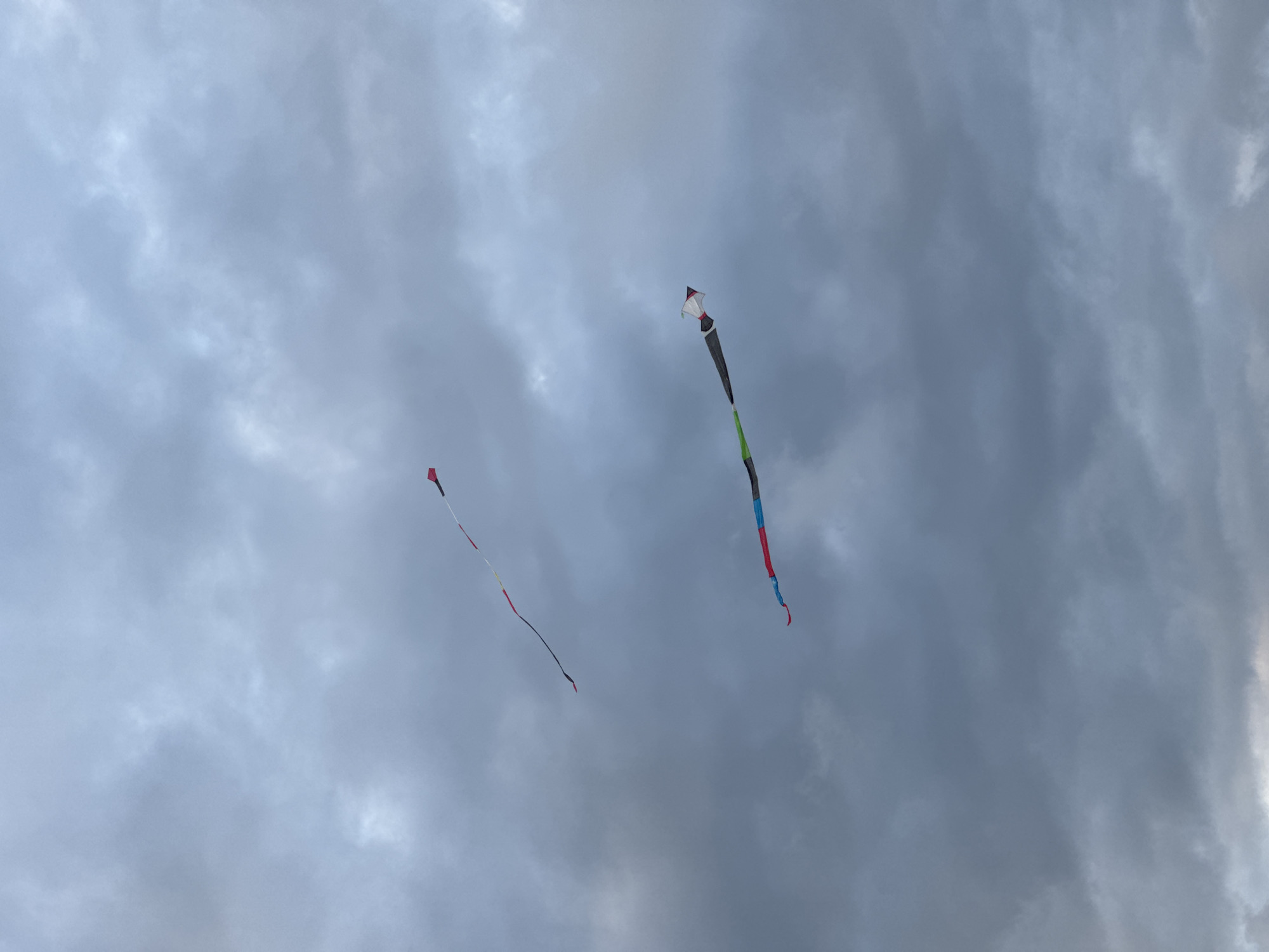 Two kites are flying in a cloudy sky. One kite is long and thin, with a white and red head, a black body, and colorful segments in green, blue, and red at the tail. The other kite is smaller, with a red head and a long, thin tail. The kites are located in the city of Kuta Selatan, Indonesia.