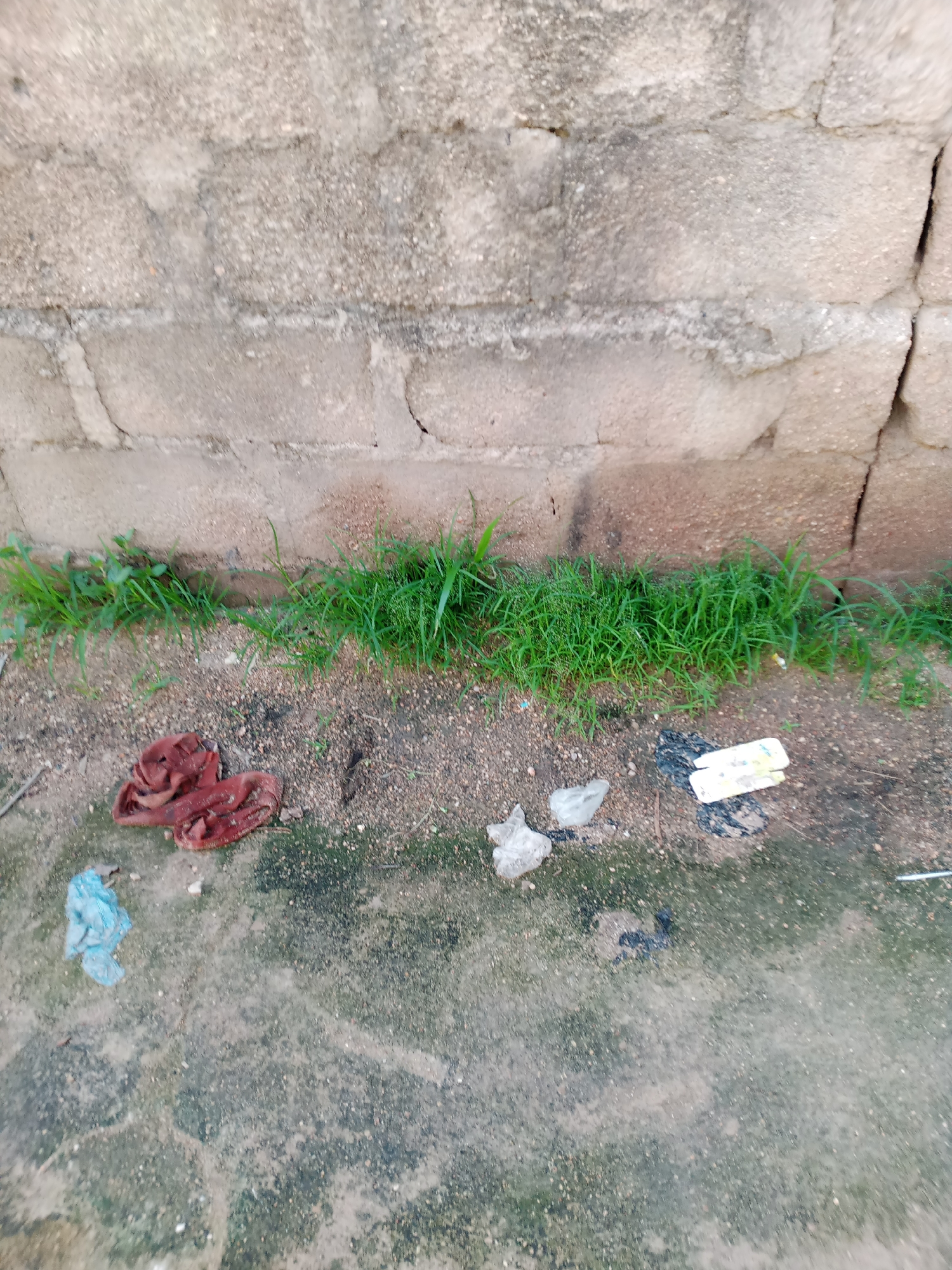 This image depicts an outdoor scene in Jauro Yinu, Nigeria, likely near a residential area given the presence of a cinder block wall. The wall, constructed from light-colored cinder blocks, shows signs of weathering and some cracks. At the base of the wall, a strip of green grass grows. The ground in front of the wall is a mix of dirt and gravel. Several items of trash are scattered on the ground, including a crumpled red cloth or garment, a crumpled light blue plastic bag, a small piece of white plastic, and what appears to be two white rectangular objects, possibly pieces of paper or packaging, alongside some dark debris. The lighting suggests it is daytime.