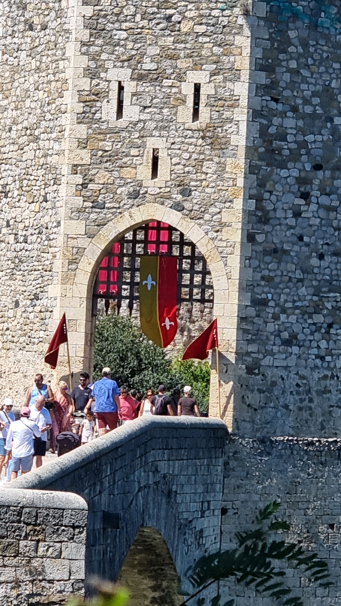 This image captures the iconic medieval bridge of Besalú, Spain, leading to its fortified castle entrance. A group of tourists, dressed in casual summer attire, are seen walking across the stone bridge towards the castle. The castle itself is constructed from rough-hewn stone blocks, with a large arched gateway visible. Hanging within the archway are two banners, one red and one green, both bearing fleur-de-lis symbols. Red flags on poles flank the entrance, adding to the historical ambiance. The scene is bathed in bright sunlight, casting sharp shadows and highlighting the textures of the ancient stone architecture.