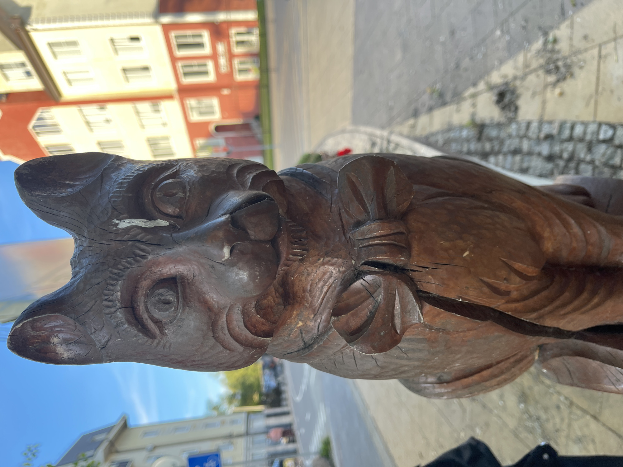 A wooden sculpture of a cat wearing a bow tie is positioned outdoors. The cat sculpture is dark brown and appears to be carved from a single piece of wood, showing some wear and cracks. It is facing forward, with its head tilted slightly up. Behind the sculpture, a street is visible with paved sidewalks and road markings. Buildings with red and cream facades are in the background, suggesting an urban or town setting. The sky is blue with some clouds. The overall impression is that of a street decoration or landmark in a public space. This sculpture is located in Zelenogradsk, Russia.