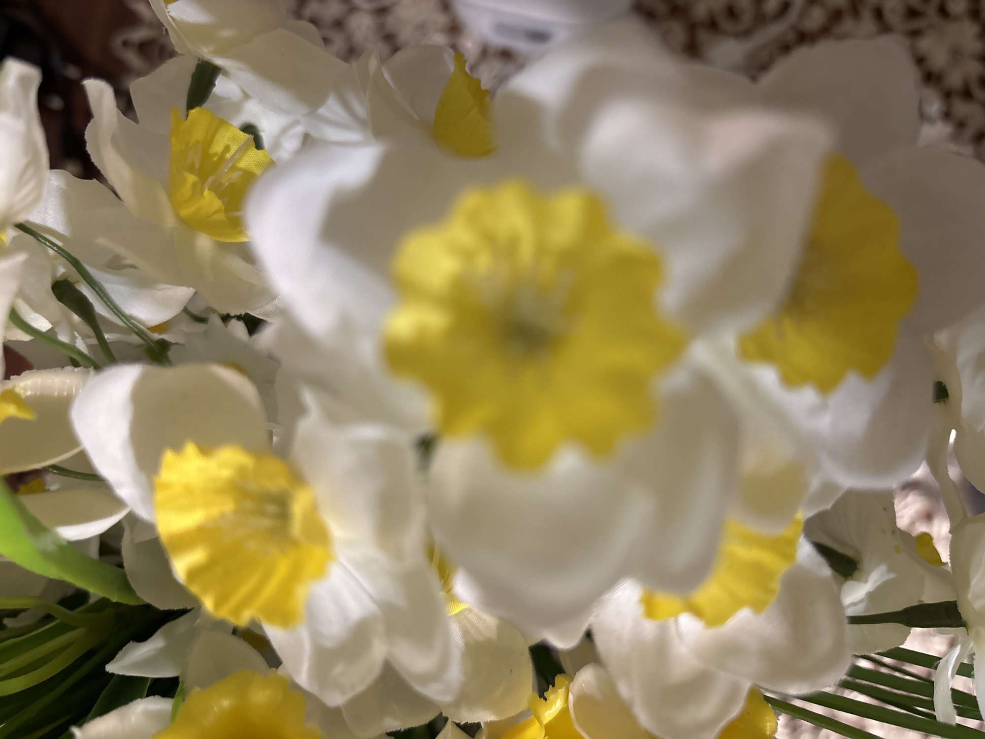 The image presents a close-up, soft-focus still life of several artificial flowers resembling daffodils or narcissus, likely situated indoors in Vagharshapat, Armenia. The dominant colors are white for the petals and bright yellow for the central cups (coronas). Green stems and leaves are interspersed among the blooms.
The photograph employs a shallow depth of field, rendering parts of the composition sharply while intentionally blurring others, particularly the foreground and background, to create a soft, ethereal effect. The central cluster of flowers is somewhat out of focus, contributing to this gentle aesthetic. The background is indistinct, showing only blurred patterns and muted tones characteristic of an indoor setting, without specific location cues.
No activity or event is taking place, and no people are visible. The lighting appears to be even, suggesting ambient or artificial light sources. There is no visible text within the image. The texture of the flower petals and cups, particularly noticeable in the provided crops, indicates they are crafted from fabric or a similar synthetic material. The overall impression is one of decorative beauty, emphasizing color and form with a delicate, diffused visual quality.