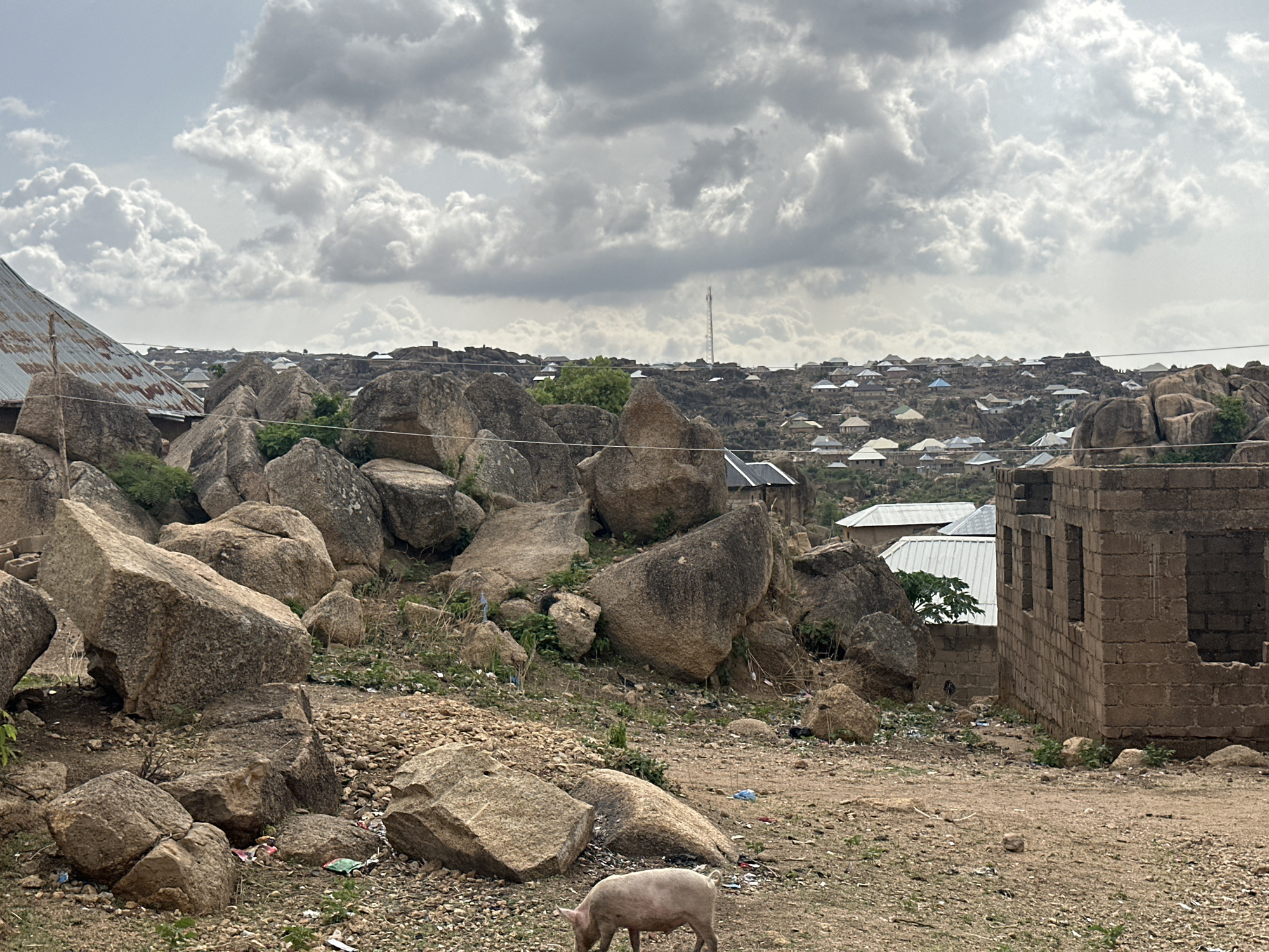 The image depicts a landscape in Jos, Nigeria, characterized by rocky terrain and scattered dwellings. Large, light-brown boulders dominate the foreground, interspersed with sparse vegetation and litter. In the lower center of the frame, a light-pink pig is foraging on the ground. An unfinished, windowless concrete building stands to the right of the boulders. In the midground, several buildings with corrugated metal roofs are visible, indicating a residential area. The buildings appear to be clustered together, stretching into the distance. The background shows a dense cluster of houses extending across the skyline, punctuated by a communications tower on the right. The sky is overcast with heavy, grey clouds.