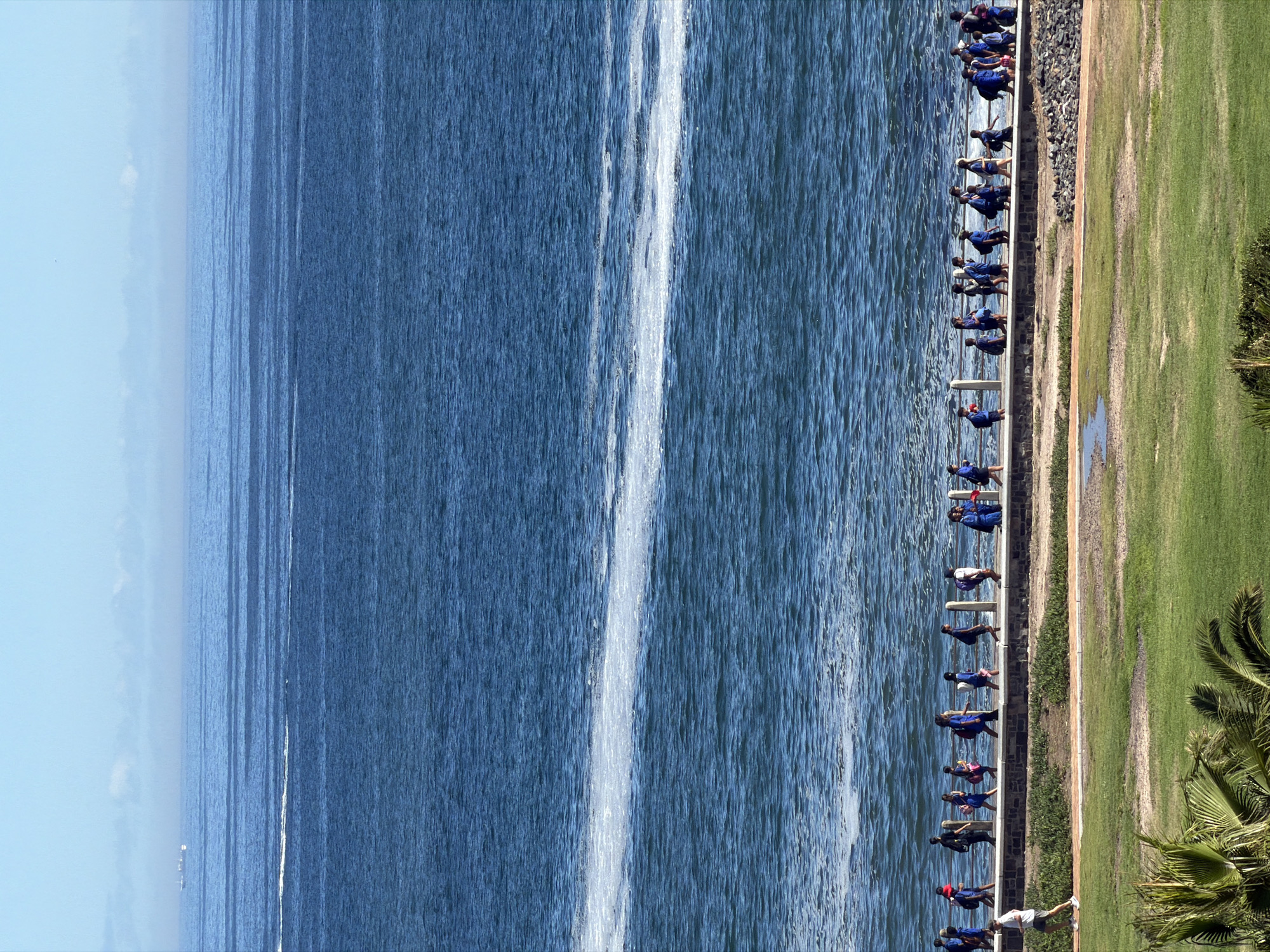 The image depicts a scene in Cape Town, South Africa. A group of people, mostly dressed in blue uniforms, are seen on a cement pier overlooking the ocean. There is a grassy area next to the pier, and palm trees are present on the right side of the image. In the water, there is a visible white streak indicating a boat or vehicle has passed. The ocean stretches into the distance toward the left, merging with the sky.