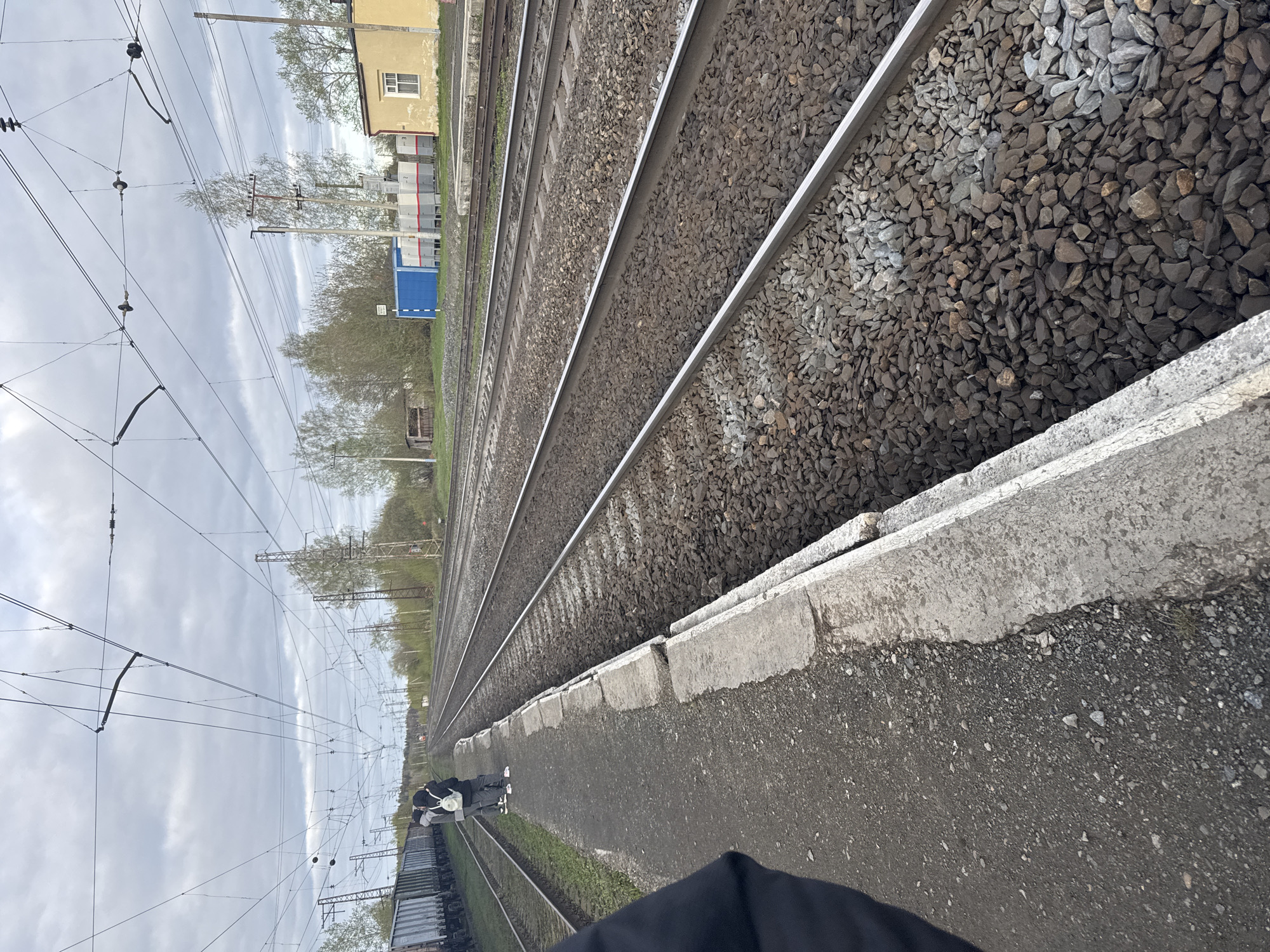 The image depicts a railway scene in Бородулино, Russia. Several parallel train tracks extend into the distance, flanked by ballast stones. A concrete platform edge runs along the right side of the frame. Overhead, a network of electrical wires is visible, supported by utility poles. In the background, buildings and trees are discernible, indicating a settlement. Two figures are standing on the platform. The sky is overcast.