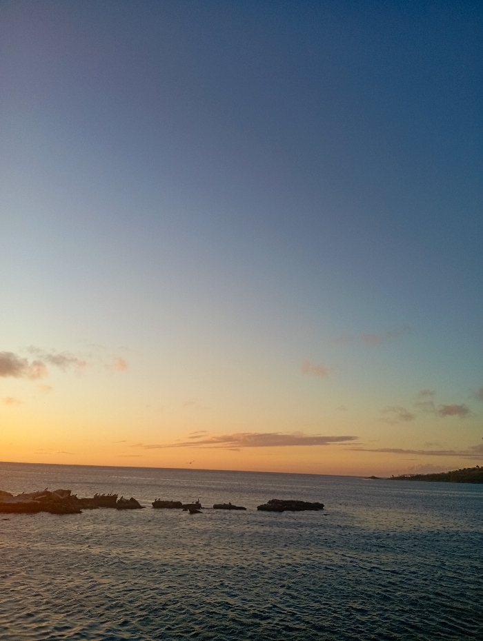 The image displays a coastal scene in Juan Griego, Venezuela, during twilight, indicative of sunset. The sky occupies the upper two-thirds of the frame, showing a gradient from deep blue at the top, transitioning to lighter blue, then to orange and yellow hues at the horizon. Scattered, wispy clouds are present in the lower portion of the sky. The lower third of the frame depicts dark blue-grey ocean water with discernible surface ripples. A series of approximately seven dark, irregular rock formations or breakwaters extends horizontally in the mid-ground water. Numerous small, dark avian figures, identified as birds, are perched statically on these rock formations. A dark, indistinct landmass or coastline is visible on the far right horizon. No human subjects or interactions are present in the scene.