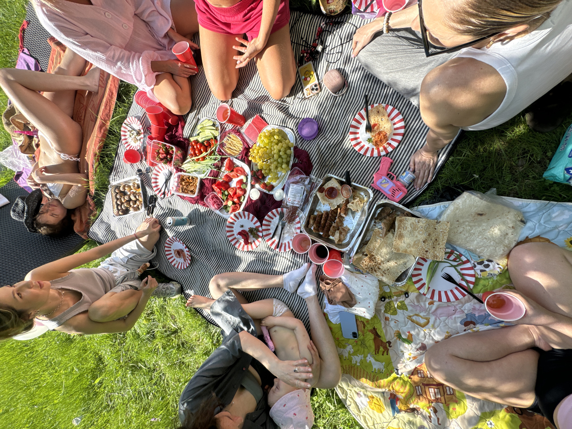 A group of people are gathered on blankets for a picnic outdoors, presumably in a park. A striped blanket is spread out, and a patterned blanket is beside it. There are several dishes of food including grapes, strawberries, tomatoes, and other snacks. There are red plastic cups scattered throughout the scene. The individuals are wearing casual clothing such as shorts, tank tops, and dresses. One person is holding a baby. The setting appears to be a grassy area with bright sunlight. The location is not discernible from the image.