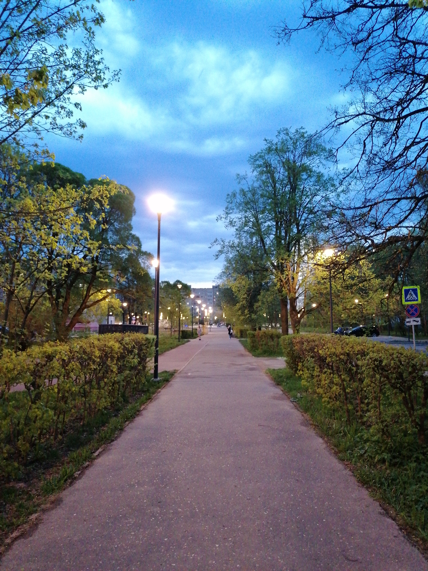 The image depicts a straight, paved walkway lined with trimmed hedges on either side. The walkway stretches into the distance, leading towards buildings. Streetlights illuminate the path at regular intervals. Trees line the walkway, some with full foliage and others with bare branches. A pedestrian crossing sign is visible on the right side of the image. A car is parked on the street to the right of the walkway. The sky above is a mix of blue and clouds, indicating either dusk or dawn. The location appears to be a park or public area within a city.