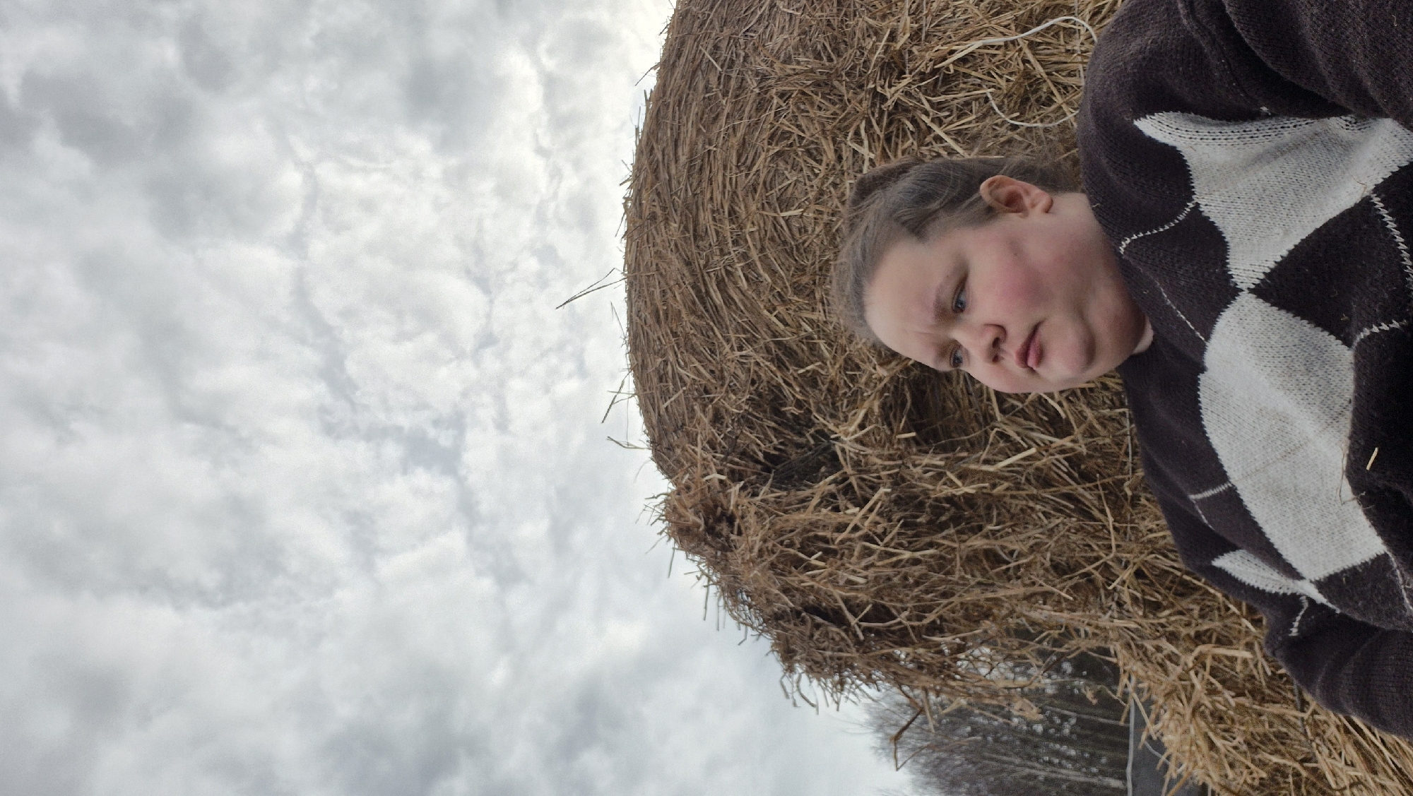 The image depicts a person standing next to a large bale of hay in an outdoor setting. The person has fair skin, light hair, and is wearing a brown and white argyle sweater. They are facing away from the camera and slightly downward. The hay bale is large and round, composed of dry straw. The background includes a cloudy sky and a row of trees in the distance. It is not possible to definitively confirm the location as Дойная, Russia based on visual cues alone.