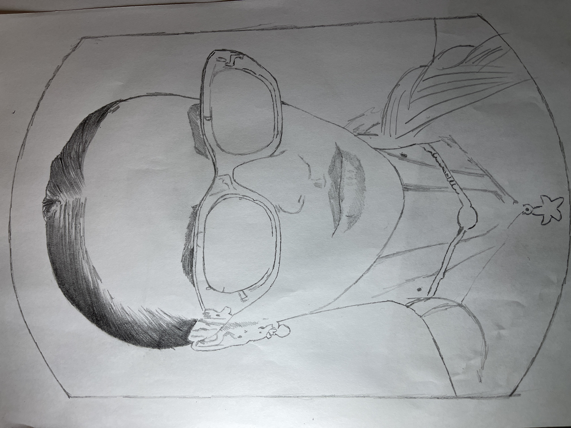 A pencil sketch depicts a person wearing sunglasses in a reclining position. The hair is rendered with dense shading. The person wears a necklace with a star charm. The composition is framed by a roughly drawn, almost rectangular border with rounded corners. The drawing is on white paper. There is no indication of the location as Jos, Nigeria within the image.