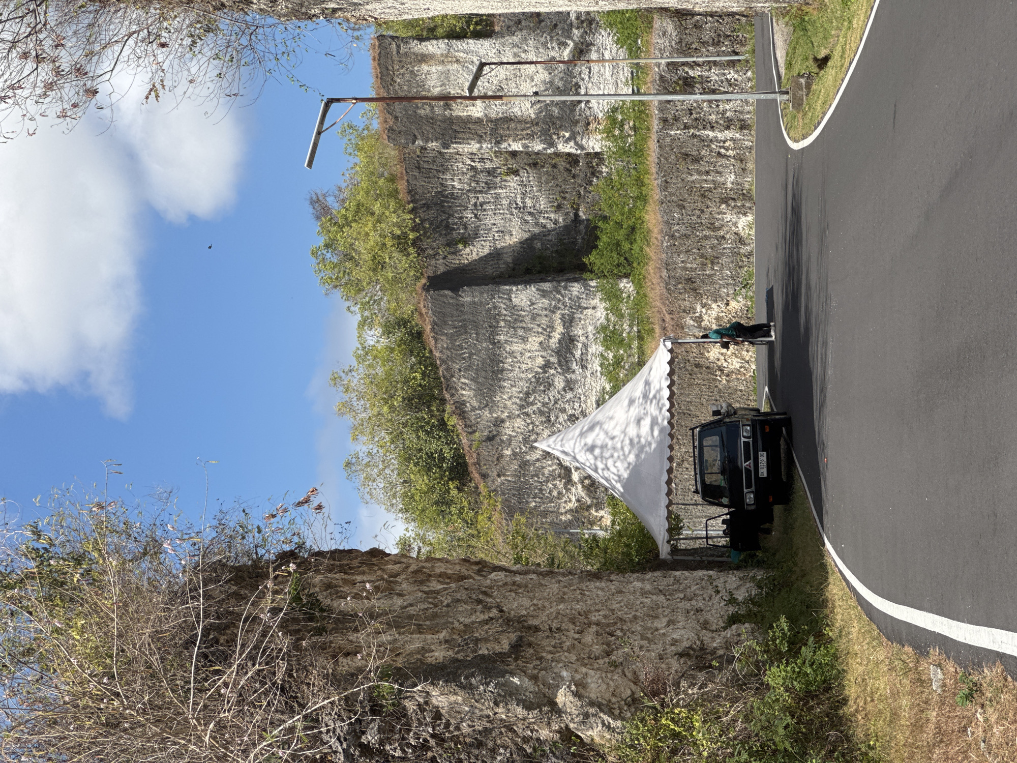 The image depicts a paved road curving through a quarry or rock excavation site in Kuta Selatan, Indonesia. On the left, a sheer, dry, rocky cliff face is visible, with sparse, dry vegetation growing from its crevices and a dead tree with thin branches extending outwards. A white event tent is pitched near the base of the cliff, partially covering a black pickup truck. The truck has its driver's side door open, and a person in a green shirt and black pants is standing near it, leaning over the open door.
To the right of the road, the quarry continues with layered rock faces, some of which have horizontal striations, indicating excavation. Green bushes and trees are growing on the upper edges of these rock formations, contrasting with the arid lower sections. Two tall lamp posts with solar panels are situated along the roadside, one closer to the foreground and another further back. The sky is blue with scattered white clouds. The overall scene suggests a roadside resting or service area within a dramatic natural or man-made landscape.