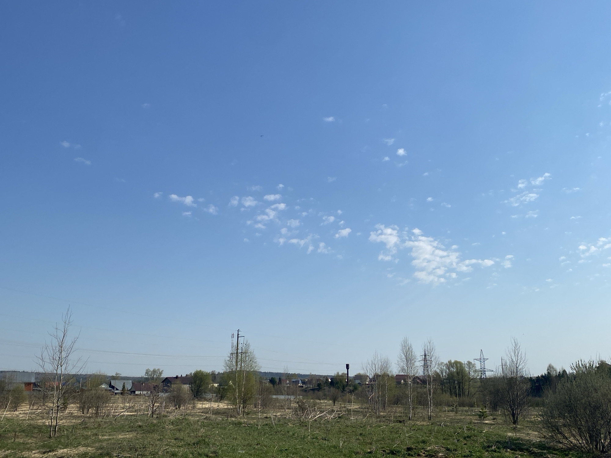 The image depicts a rural landscape in Malyi Bukor, Russia, under a bright, slightly cloudy blue sky. In the foreground, there's a field covered with green grass and dry vegetation. Several young, thin trees with bare branches are scattered throughout the field, some showing the first signs of budding leaves. In the midground, a row of houses is visible, indicating a residential area. Power lines and utility poles punctuate the view, suggesting infrastructure development. A water tower is also visible among the houses. The image captures a transitional season, likely early spring, indicated by the mix of dormant and emerging vegetation. There are no people visible in the image. The overall scene conveys a quiet, countryside environment.