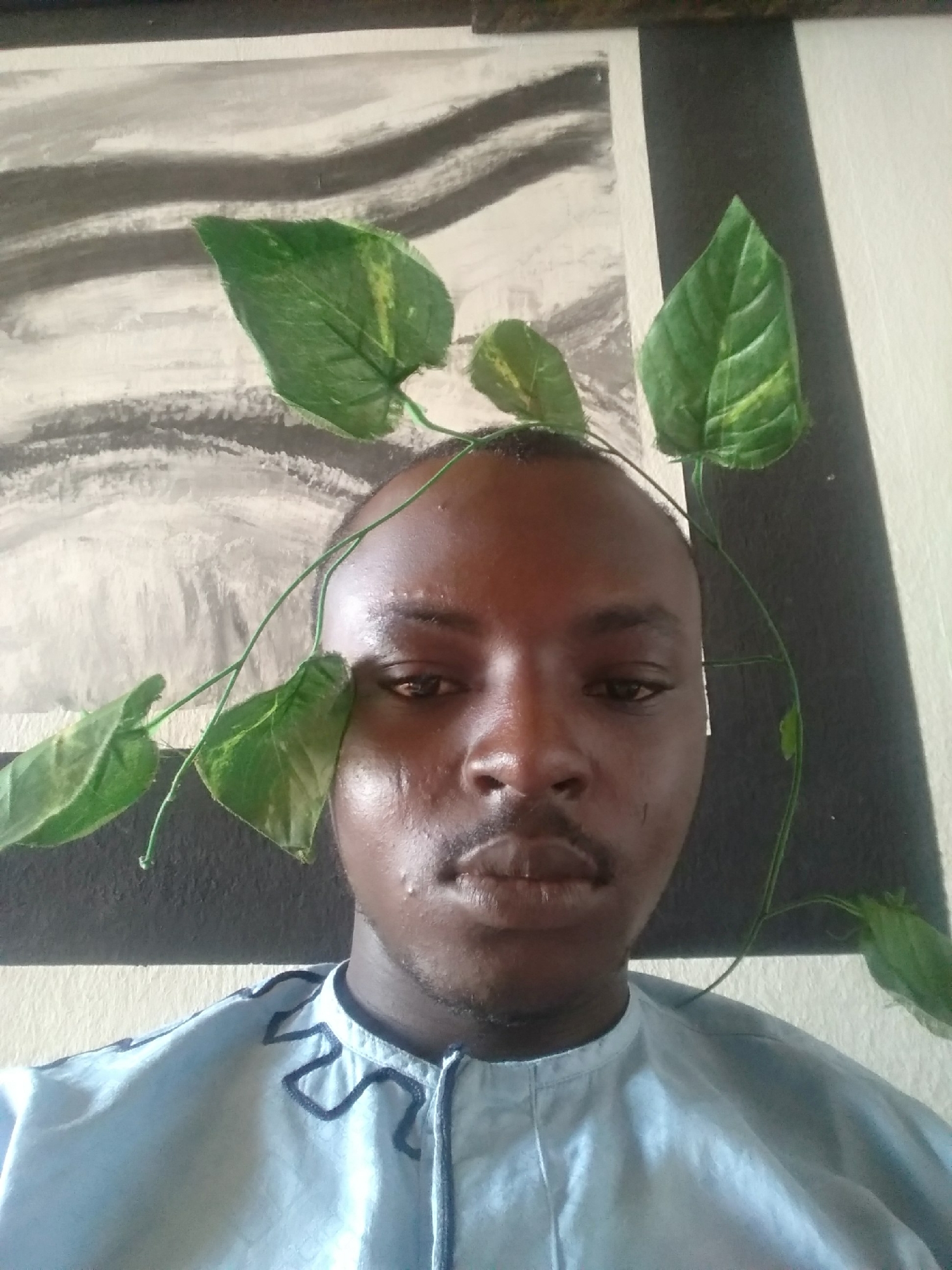 A man with a dark complexion is centered in the frame, wearing a light blue collared shirt with a darker blue decorative trim around the collar. His head is adorned with artificial green leaves and vines. Behind him is a two-toned background of what appears to be a black and white painting or decorative wall. The location is not determinable from the image.