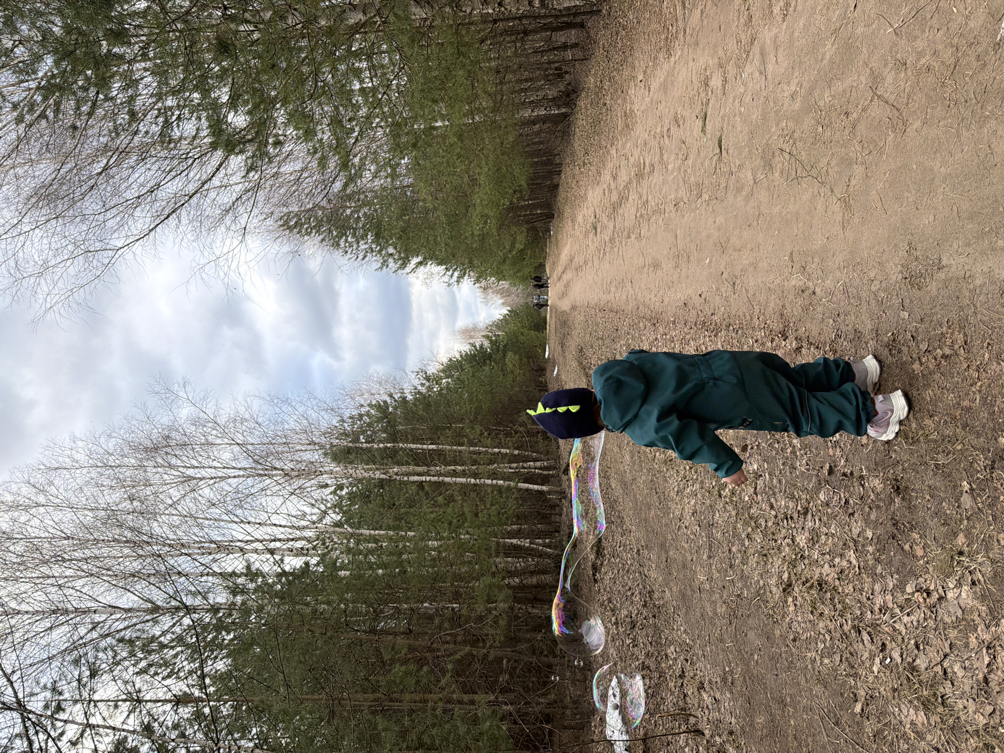 The image, taken in Chaikovsky, Russia, shows a young child engaged in making bubbles on a dirt path through a wooded area. The photograph is oriented vertically, with the path extending from the foreground into the distance.
The main subject is a child, likely a toddler or small child, wearing a dark teal or green full-body jumpsuit and a dark blue hat adorned with yellow spikes. The child is positioned with their back partially to the viewer, leaning forward slightly as they create bubbles. A very large, elongated, and iridescent bubble stretches from the bubble wand held by the child, while several smaller, rounder bubbles float closer to the ground, reflecting various colors.
The setting is a forest path composed of packed dirt, covered with scattered fallen leaves, twigs, and patches of dry grass. The path is bordered on both sides by a mix of trees. On the left, tall, bare deciduous trees with thin, light-colored branches are prominent, interspersed with some coniferous trees. On the right, more coniferous trees with dark green foliage line the path. The sky above is overcast, with visible clouds, suggesting a cloudy daytime. In the distant background, several indistinct figures of other people can be seen on the path. No visible text is present in the image. The scene conveys a sense of outdoor play and recreation.