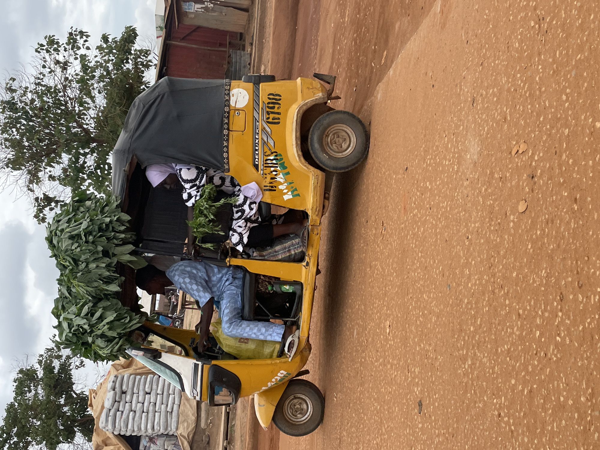 In Minna, Nigeria, a yellow, three-wheeled auto-rickshaw is driven by a man wearing a light blue patterned dashiki and pants, and white flip-flops. He is holding the steering wheel and appears to be looking forward. Beside him, a woman in a white and black patterned dress and a light pink headscarf is seated. She is holding leafy green vegetables. The auto-rickshaw is loaded with a large amount of green leafy vegetables piled high on its roof. In the background, stacks of bagged goods, possibly cement, are visible under a tan tarp. A treeline and a cloudy sky complete the scene, suggesting an outdoor setting in an urban or semi-urban area. The ground is a reddish-brown dirt road. The license plate on the back of the auto-rickshaw reads "6798".