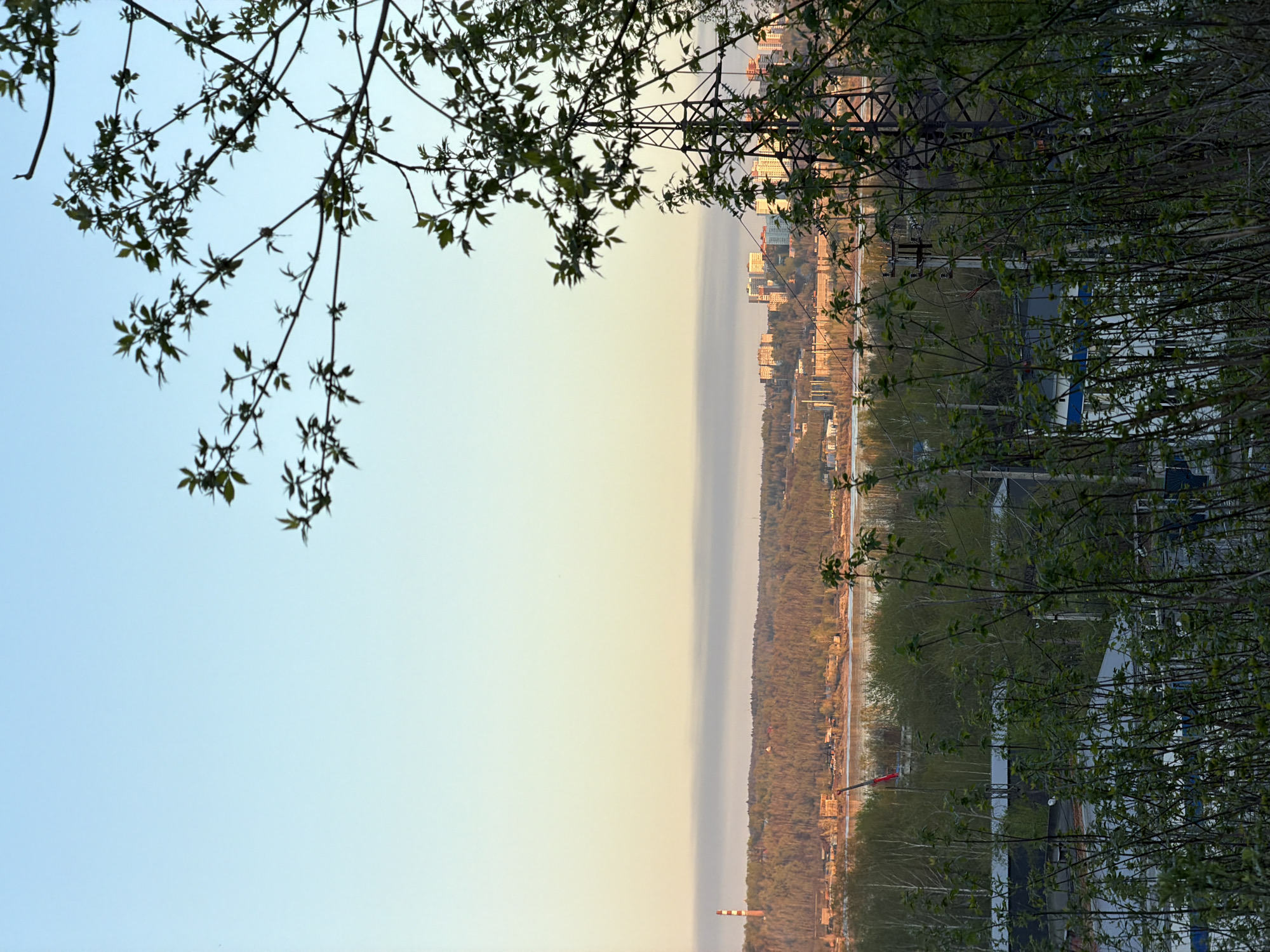 The image shows an urban landscape in Perm, Russia, taken from a high vantage point through foliage. A strip of land with trees separates the foreground from a city skyline with buildings and industrial structures. An overhead power line crosses the skyline. The sky is light with a gradient from blue to yellow. Vegetation is visible on both sides of the frame. The image is oriented sideways.