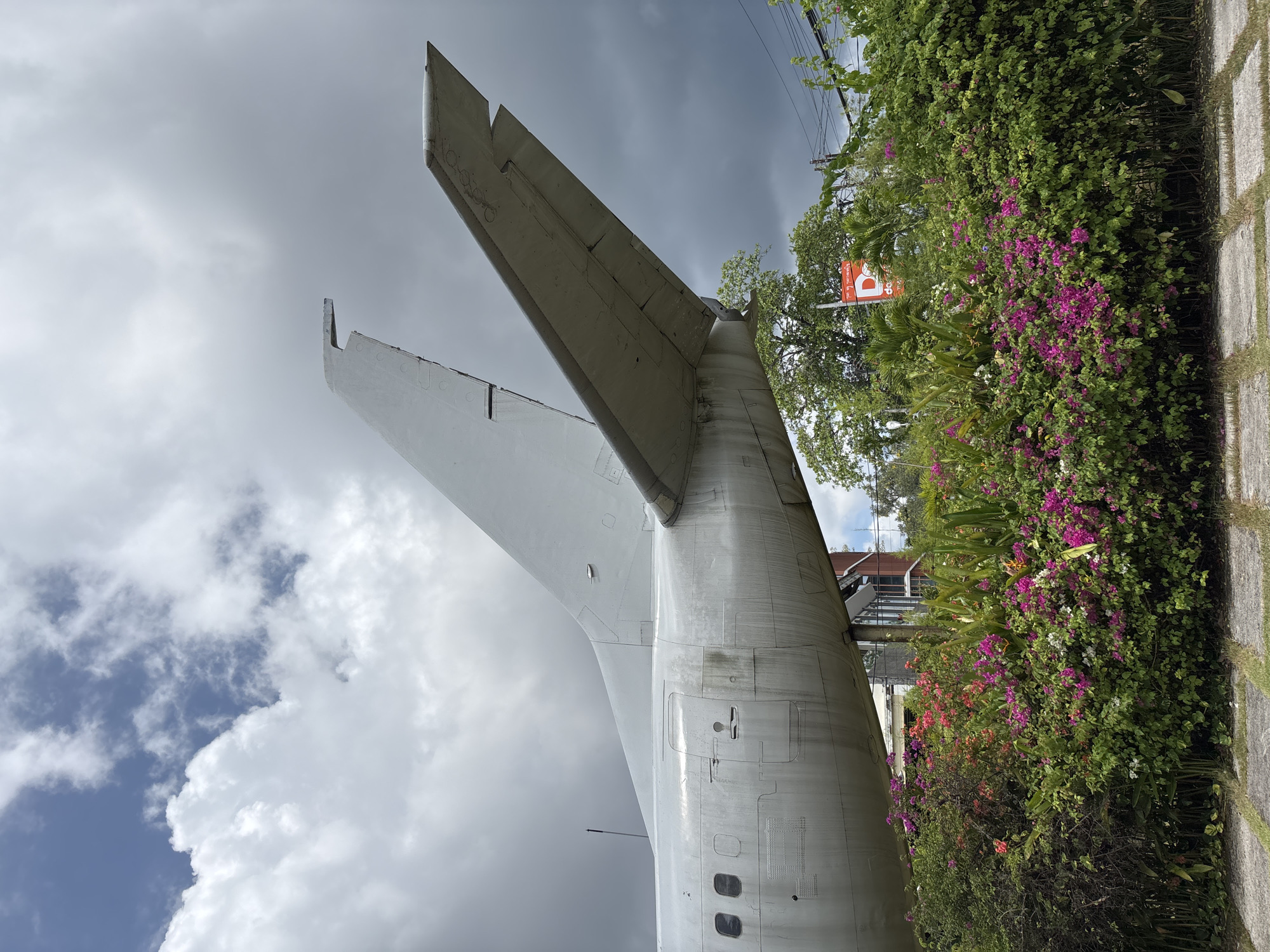 The image shows the tail section of an aircraft in Kuta, Indonesia. The tail is painted gray and appears weathered, with visible panel lines and access doors. The tail consists of the vertical stabilizer and horizontal stabilizers. The aircraft appears to be stationary and partially integrated into an outdoor environment. There is a dense growth of flowering bushes with green foliage surrounding the aircraft. A sign is partly obscured by the foliage. The background shows a cloudy sky, some power lines, and a building. A paved area is visible at the bottom right.