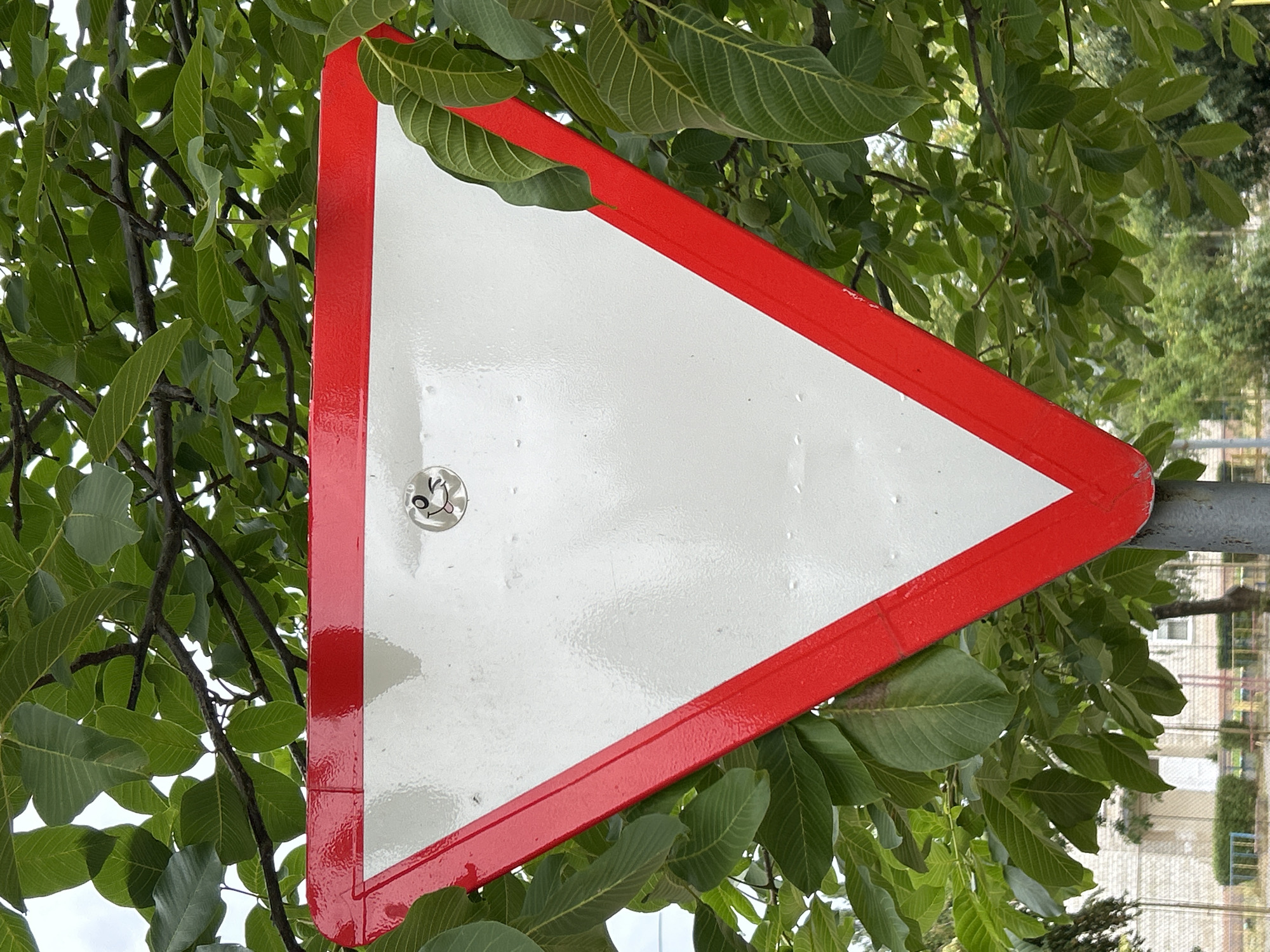 The image shows a triangular yield sign, its white face featuring a small circular sticker with a cartoonish, winking face. The sign is framed by the lush green foliage of a tree, its branches and leaves partially obscuring the top and sides. The sign is mounted on a grey metal pole, which is visible at the bottom center. In the background, a brick building with a white door is partially visible, along with a white fence and some greenery, suggesting an outdoor urban or suburban setting. The sky is overcast. This scene is located in Uzhhorod, Ukraine.