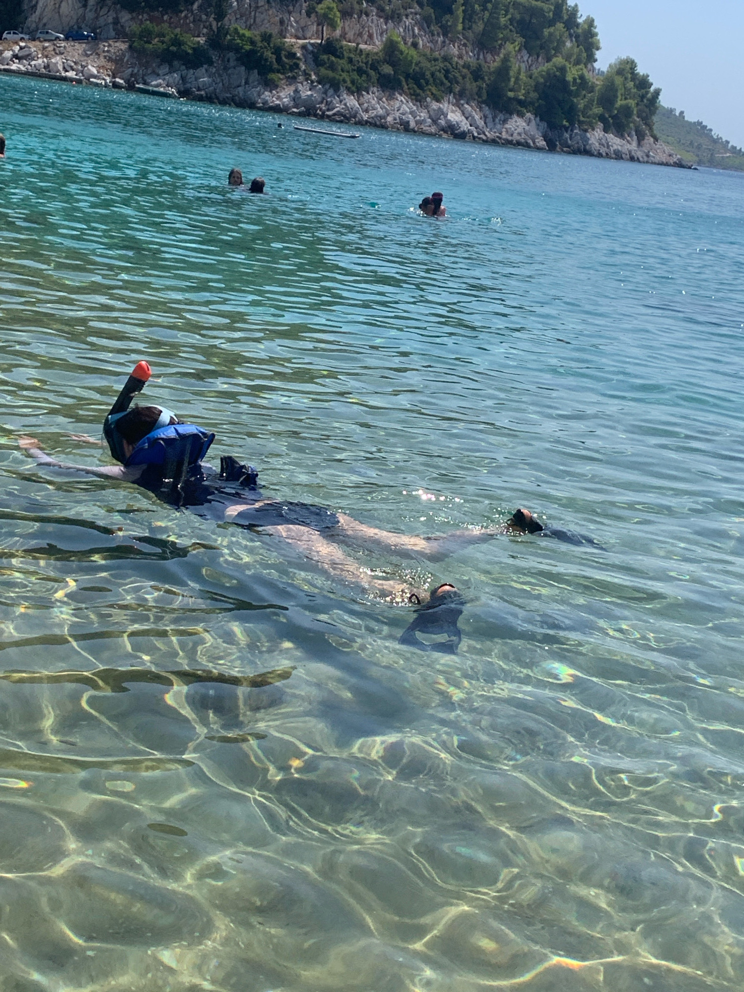 The image depicts a clear, shallow body of water with visible sunlight reflecting off the surface and illuminating the sandy seabed. In the foreground, a person is snorkeling, wearing a mask, snorkel, and fins. The person's body is mostly submerged, with their head and snorkel visible above the water. They are wearing a dark-colored swimsuit or rash guard. In the middle ground, several other individuals are swimming or wading in the water. The background shows a rocky coastline covered with lush green vegetation, likely pine trees, characteristic of coastal Greece. The water is a vibrant turquoise color. The scene appears to be a coastal area in Aliki, Greece, given the context provided.
