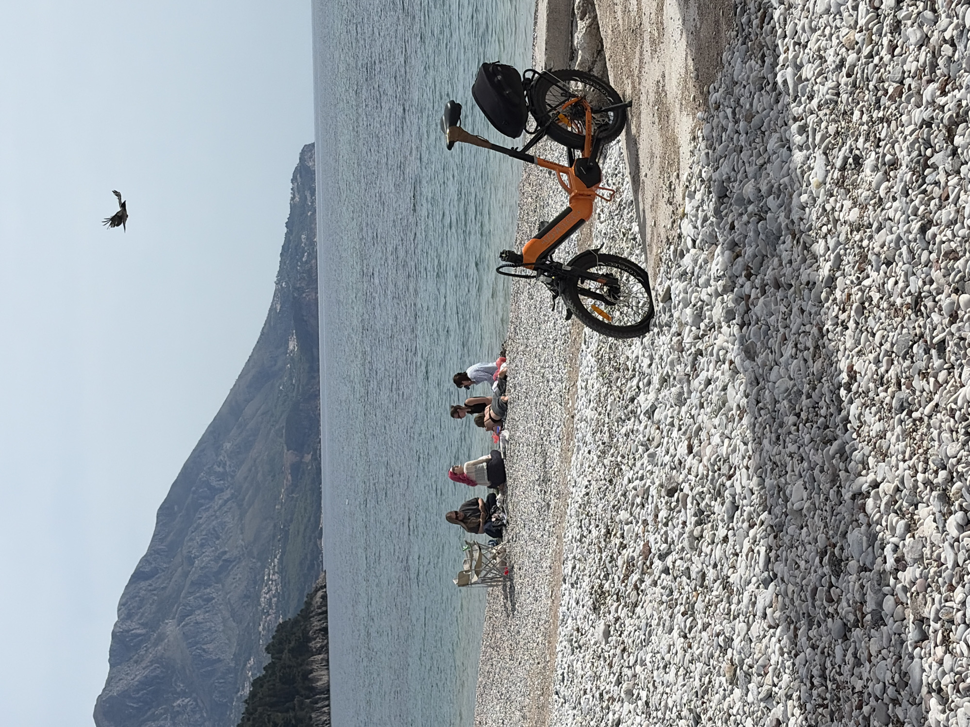 The image depicts a scenic view of a pebble beach in Budva, Montenegro. In the foreground, an orange electric bicycle leans against a concrete barrier bordering the beach. Behind the bicycle, several people are sitting on the beach near the shoreline. In the sky, a bird is flying. Beyond the beach and water, a large, mountainous landmass is present. The day appears bright with clear skies.