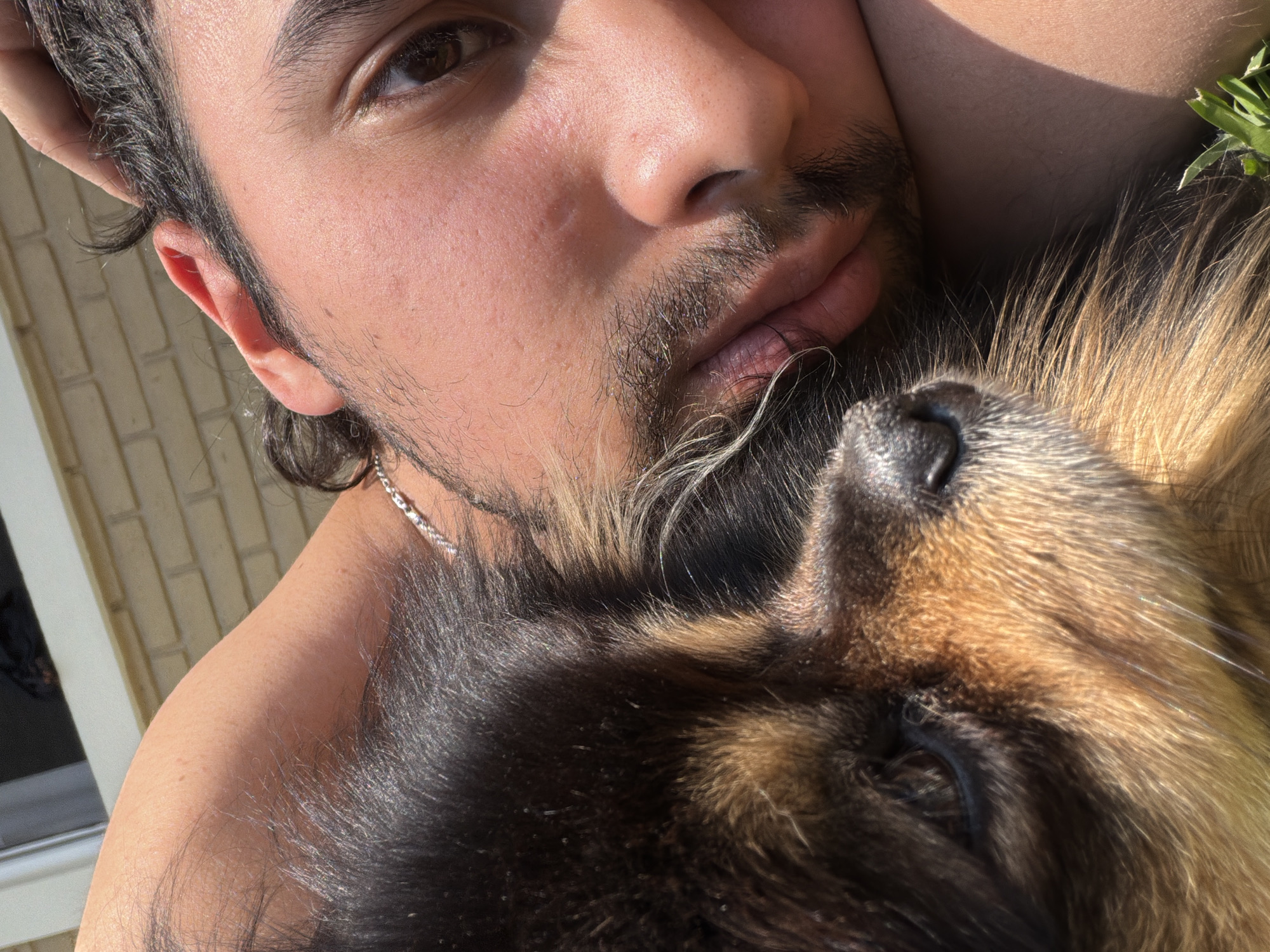 A close-up, sun-lit photograph shows a man holding a dog. The man has fair skin, dark hair, a dark mustache and goatee. He wears a silver chain around his neck. The dog, a brown and black Pomeranian, is nestled against the man's face. The background is out of focus, revealing a beige wall and what appears to be a white window frame. The location is indicated as Cuautla, Mexico.