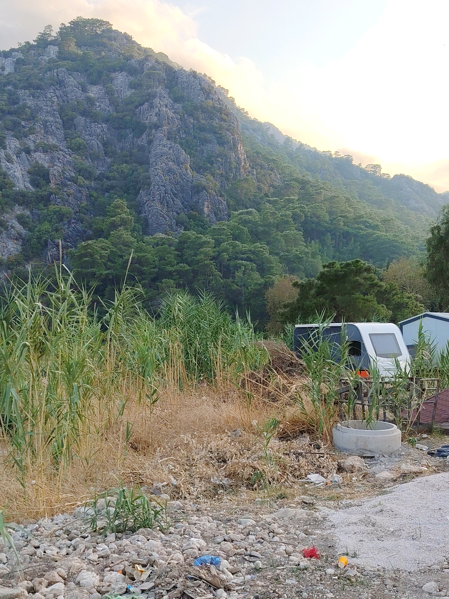 A wide-angle, eye-level outdoor shot depicts a rural or semi-rural setting in Konyaaltı, Turkey, with a rocky mountain face covered in dense green trees dominating the background under a bright, overcast sky with wispy clouds. In the foreground, tall, dry reeds and scattered debris, including plastic bottles and wrappers, are visible on a rocky and gravelly ground. A white and gray camper van is parked amidst the reeds and some wooden structures, with a concrete ring visible next to it. The scene suggests a campsite or a place where temporary dwellings are situated, with a noticeable amount of litter present.