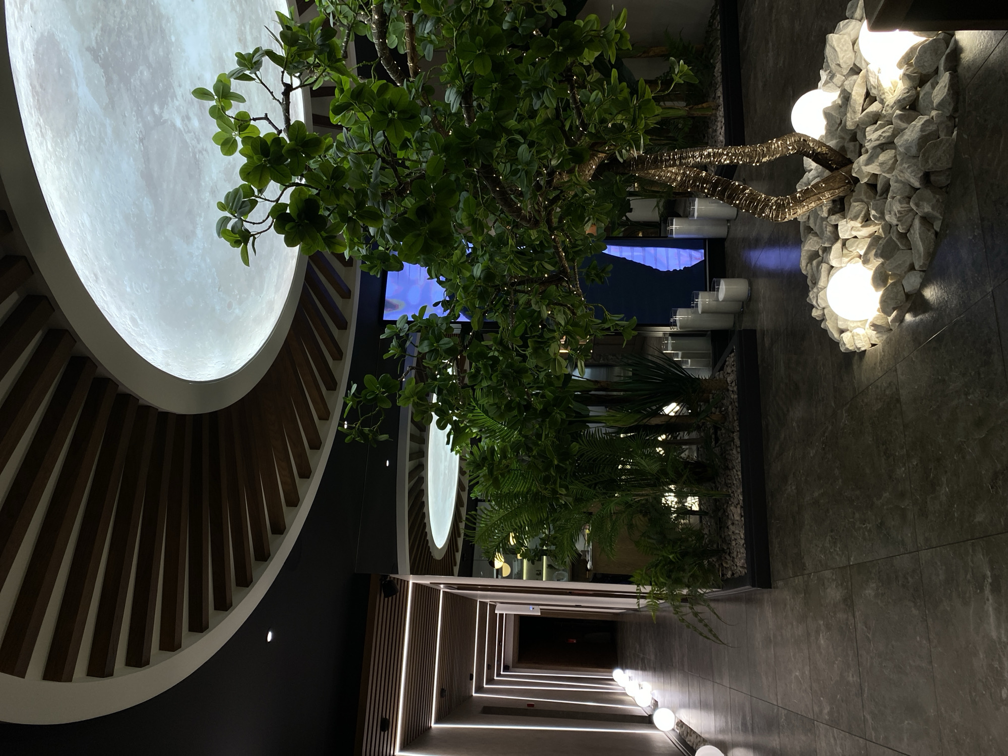 The image depicts an interior space featuring a design with celestial and nature-themed elements. A large, circular light fixture resembling the moon dominates the upper left of the frame, adjacent to a curved wooden structure. A decorative tree with illuminated branches and a base surrounded by stones stands in the upper right. The scene includes indoor plants and a corridor illuminated by linear lighting embedded in the floor and walls, creating a sense of depth. A television screen is visible in the background. The exact location within the city of Votkinsk, Russia is not explicitly identifiable from the image alone. The scene appears to be a modern interior design within a building. No people are visible.