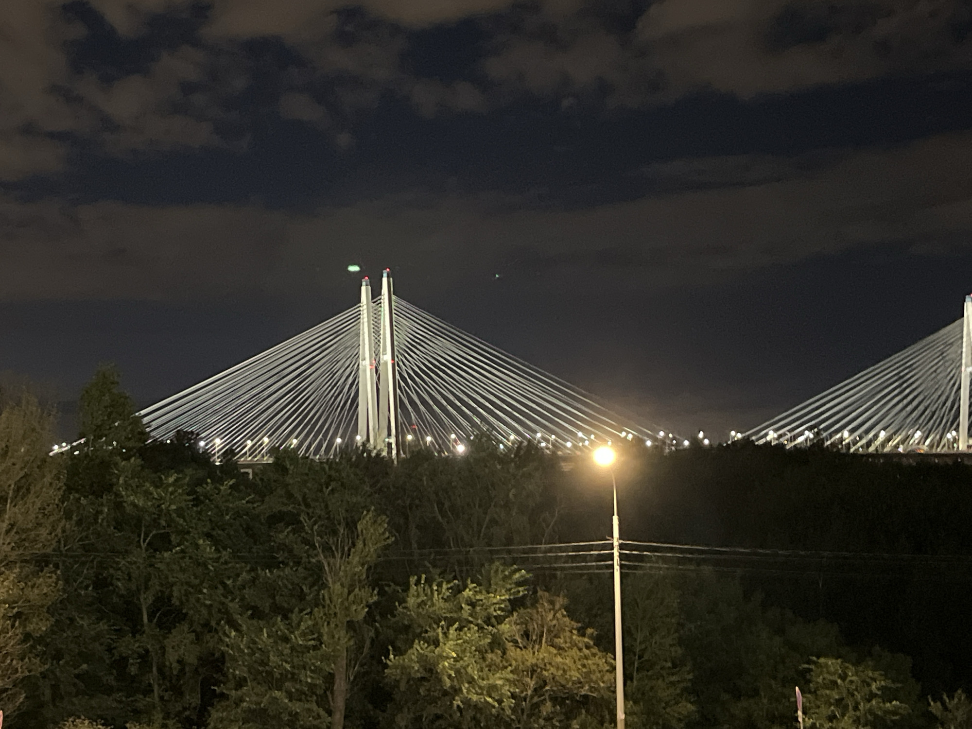 The image captures a nighttime view of the cable-stayed bridge in Pontonny, Russia. The bridge's pylons and cables are illuminated, creating a striking contrast against the dark sky. Trees and foliage are visible in the foreground, with a streetlamp adding a warm glow to the scene. The sky is filled with clouds, some of which are illuminated from below, likely by the city lights.