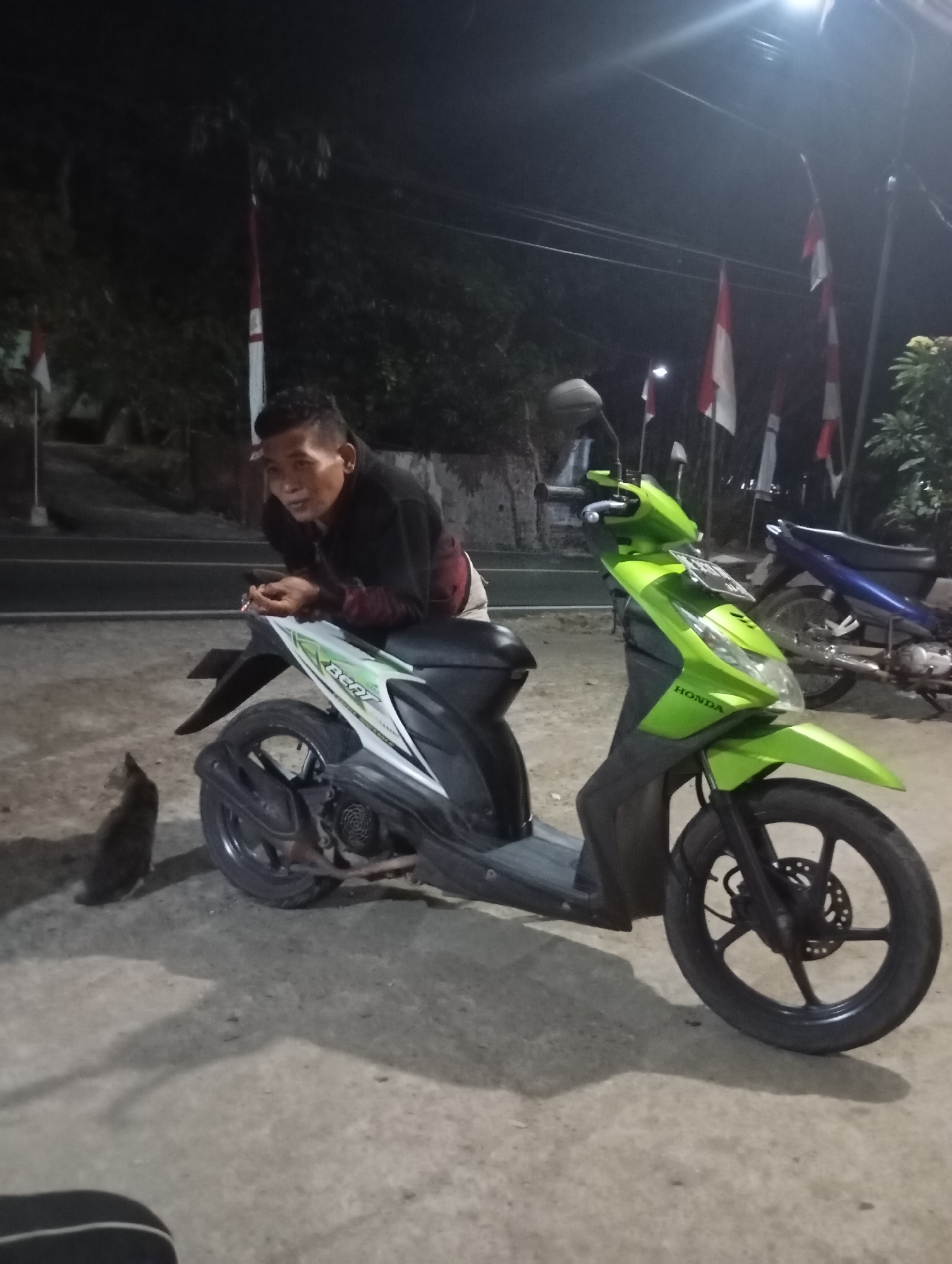 In Wonogondo, Indonesia, a man leans on a green Honda Beat scooter at night. He is wearing a dark jacket over a light shirt and possibly light-colored pants. His facial expression suggests he is speaking or reacting to something. A dark-colored cat is present on the ground to the left of the scooter. In the background, several Indonesian flags are visible on poles, illuminated by streetlights. The scene appears to be along a road, with trees and other vegetation lining the area. Another motorcycle, this one blue, is parked behind the green scooter. The lighting suggests it is nighttime, with artificial light sources illuminating the immediate area.