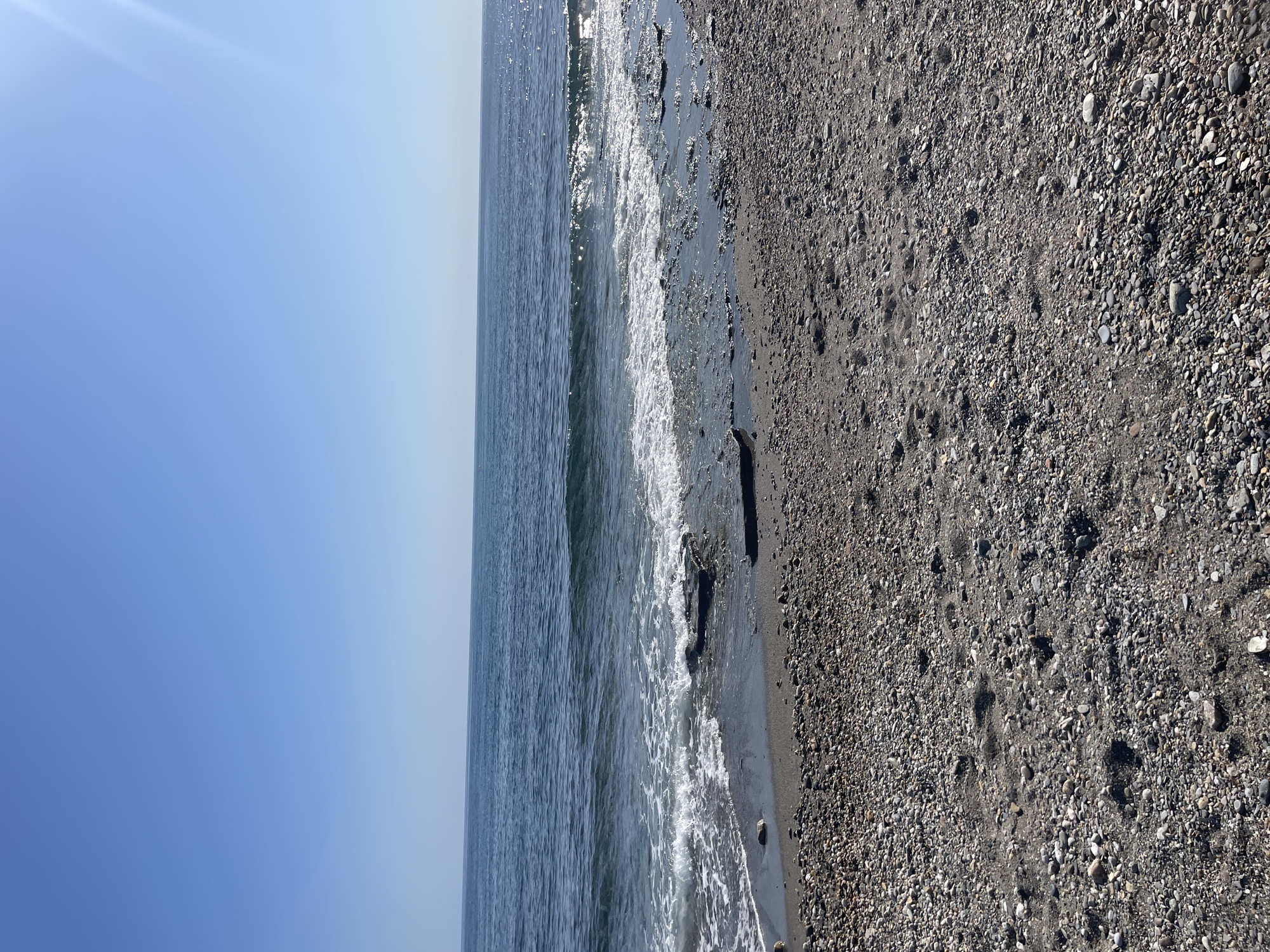 The image depicts a tranquil beach scene with a clear, blue sky dominating the upper portion. The horizon is sharp, separating the sky from the deep blue ocean, which displays gentle waves rolling towards the shore. The water exhibits a subtle shimmer from the sunlight, suggesting a bright, clear day. The foreground is a pebbly beach, with a mix of sand and small stones. Several pieces of driftwood are visible on the wet sand near the water's edge, partially submerged by the incoming tide. There are no people visible in the image, and the scene appears undisturbed, conveying a sense of natural serenity. The location is described as an unknown city in Spain, though no specific landmarks or distinguishing features are present to confirm this.
