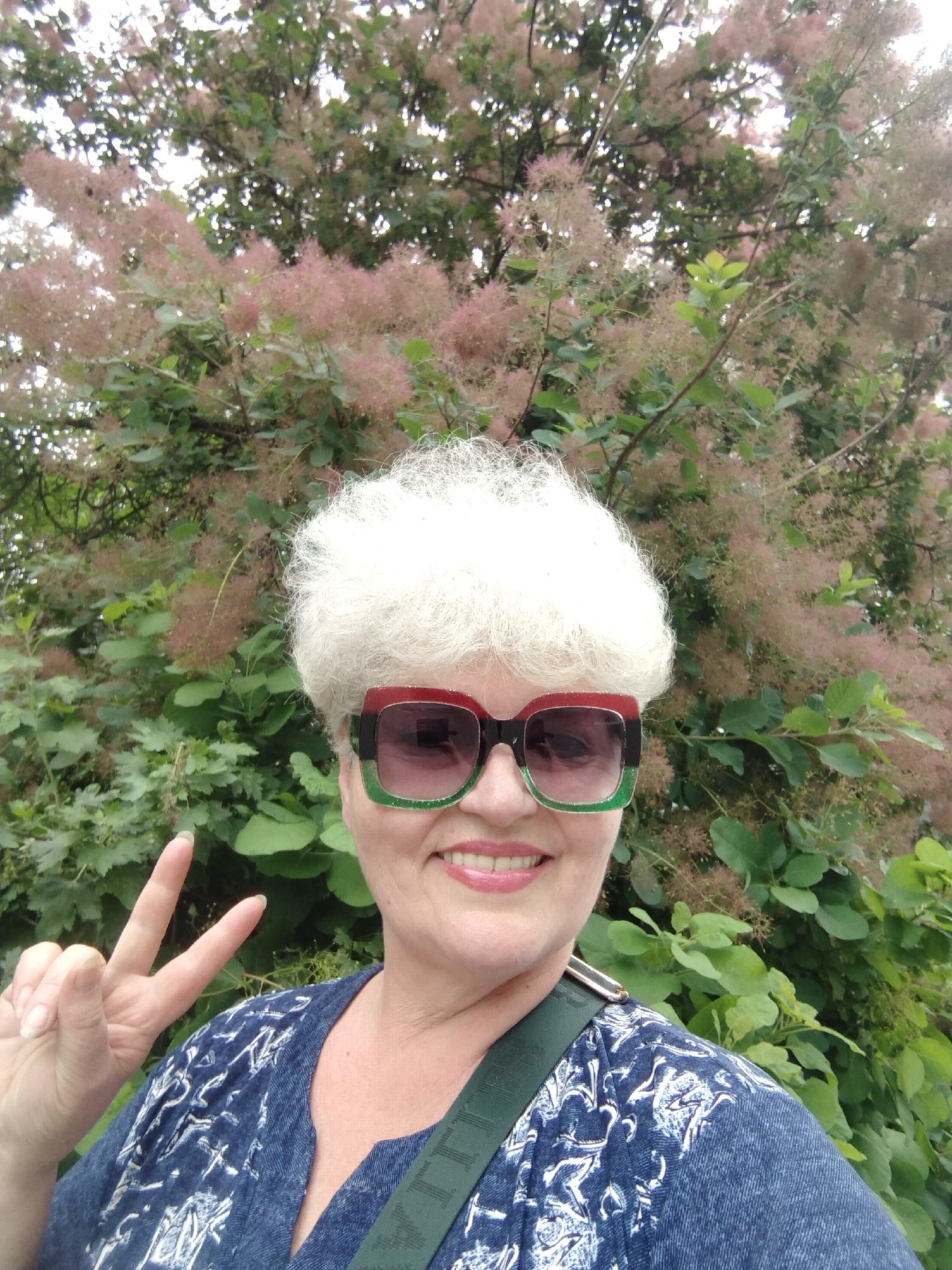 A smiling woman with short, curly white hair and large, square-framed sunglasses (featuring red, black, and green sections) poses for a photo outdoors in Horishni Plavni, Ukraine. She is wearing a blue top with a white pattern and has a green strap, partially revealing the text "LIU JO", over her shoulder. Her left hand is raised, making a peace sign, and her expression is one of happiness and contentment. The background is dominated by a dense, leafy bush or tree, specifically a Smoke Tree (Cotinus coggygria), characterized by its distinctive fuzzy, pinkish-purple plumes and green foliage. The lighting suggests a bright, possibly overcast daytime.