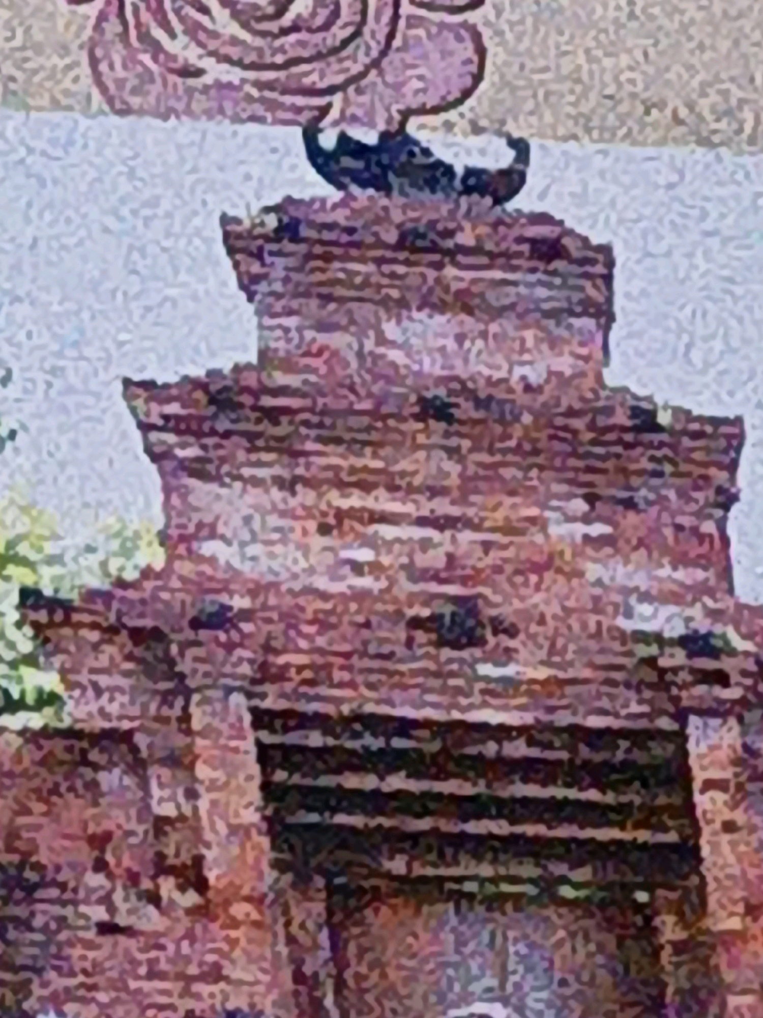 This is a close-up, stylized image of what appears to be a brick structure with an ornate, dark-colored element on top, possibly part of a temple or monument. The texture of the image suggests it is a painting or a highly textured photograph. In the background, there is a pale, speckled area that could be sky or a decorative pattern. To the left, there are hints of green foliage. The overall color palette is dominated by shades of red, pink, purple, and light blue. There are no people or identifiable geographical landmarks that would suggest a specific location in West Jakarta, Indonesia.
