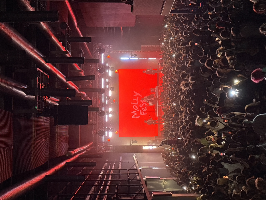 This image captures a live music concert at a large indoor venue, identified as Music Media Dome, located in Moscow, Russia. The scene is dominated by a densely packed audience in the foreground and midground, facing a brightly lit stage at the far end of the hall.
**Environment and Structure:** The venue is a vast, high-ceilinged space with an industrial aesthetic. Exposed metallic ventilation ducts, illuminated with red light, traverse the dark ceiling, alongside complex truss systems supporting various lighting and sound equipment. Large black line array speakers are suspended from the ceiling on either side of the stage. A subtle atmospheric haze is visible throughout the venue.
**Stage and Performers:** The stage features a prominent, large rectangular LED screen displaying "MOLLY Fe.St" in white, handwritten-style text against a solid red background. Several performers are visible on the stage; at least three individuals are active, with one central figure positioned behind a console or table, and another on the left holding what appears to be a guitar. They are illuminated by spotlights from above and behind.
**Audience:** A massive crowd fills the floor, extending from the viewer's immediate foreground to the stage. Individuals are standing shoulder-to-shoulder, facing the stage. A significant number of audience members are holding up smartphones, with their flashlights illuminated, creating numerous bright pinpricks of light across the dark crowd. Some phones are held higher, presumably recording or photographing the performance. One individual in the left-midground is elevated on another person's shoulders, facing the stage. The overall lighting scheme is dark, with red ambient light cast from the stage screen and ceiling, contrasting with the white phone flashlights.