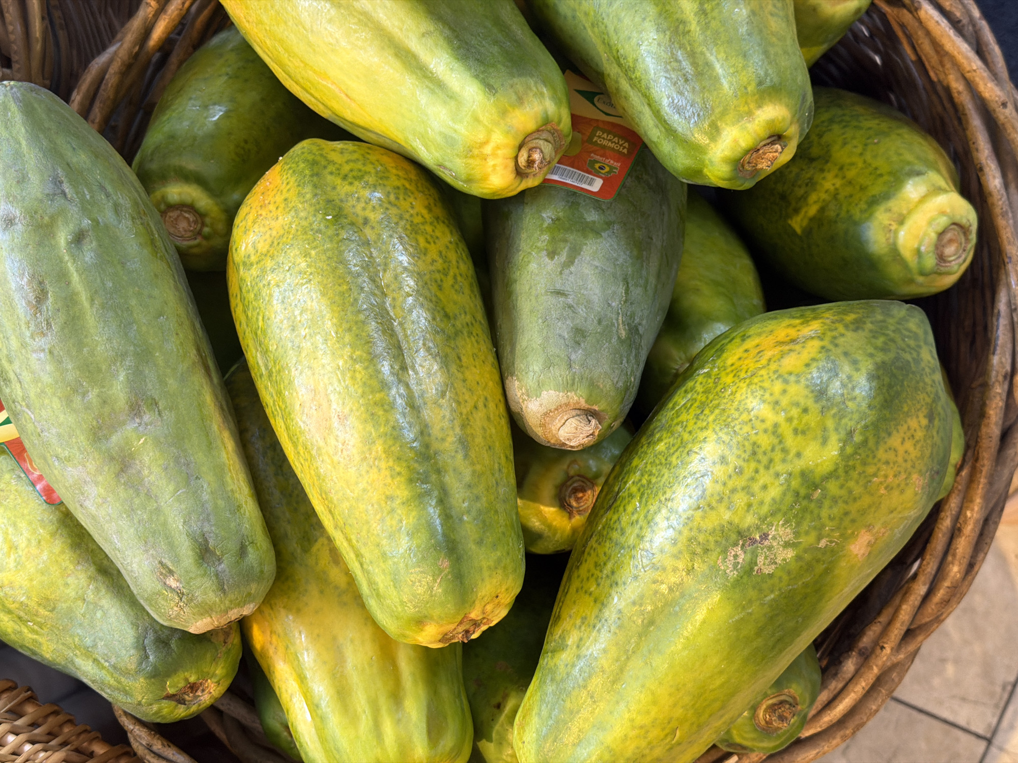 A basket filled with Papaya Formosa, imported from Brazil, is shown in a high-angle shot. The papayas are predominantly green and yellow in color, with a few showing green hues. The brown-wicker basket is visible around the fruits. A label indicating "Papaya Formosa, Product of Brazil" is on one of the papayas. The photo appears to have been taken indoors in a retail setting. No people are visible. The location is not discernible from the image.