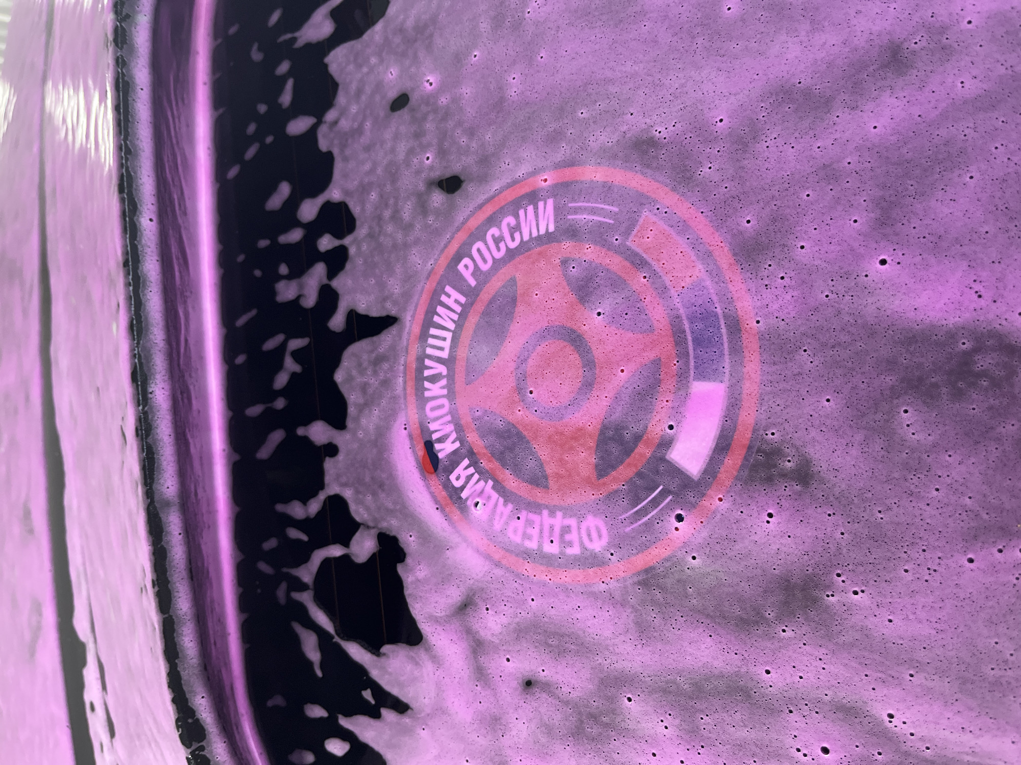 The image shows a car's rear window covered in pink suds during a car wash. A circular emblem featuring a stylized steering wheel design is partially visible through the foam. The text "ФЕДЕРАЦИЯ КУКУШИН РОССИИ" is inscribed around the emblem's perimeter. The photograph was taken in the city of Chaikovsky, Russia.