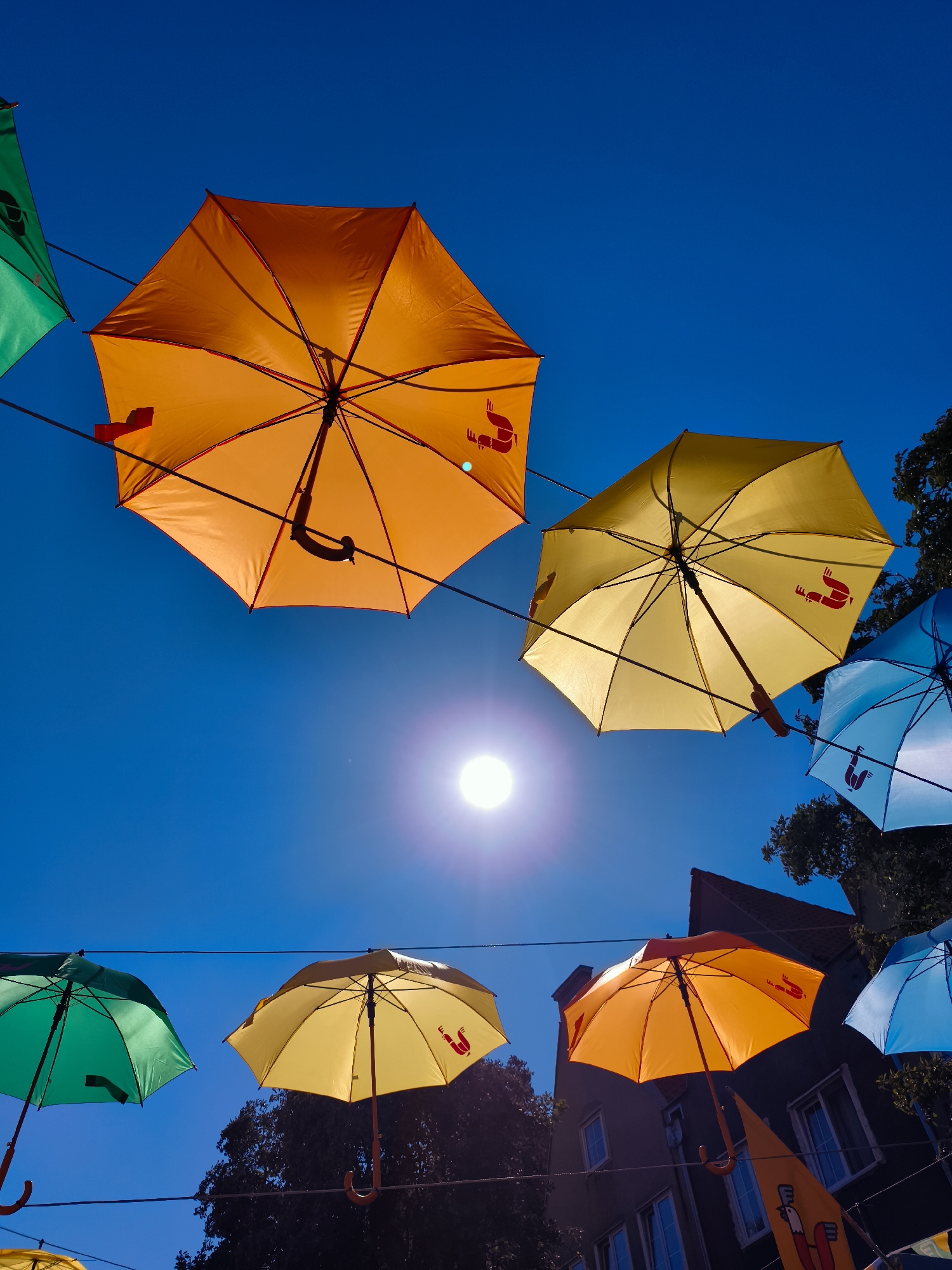 A sunny day in Gdańsk, Poland, is depicted with a vibrant display of colorful umbrellas suspended overhead, creating a whimsical canopy against a clear blue sky. The umbrellas, in shades of orange, yellow, and blue, are arranged at various heights and angles, adding a playful element to the urban landscape. The sun shines brightly, casting a warm glow and a lens flare that adds to the cheerful atmosphere. In the background, buildings with traditional architecture and lush green trees can be seen, hinting at the charm of the city. The umbrellas are adorned with a distinctive red logo, possibly representing a local business or event. The scene captures a moment of lightheartedness and visual delight, showcasing a unique urban art installation.