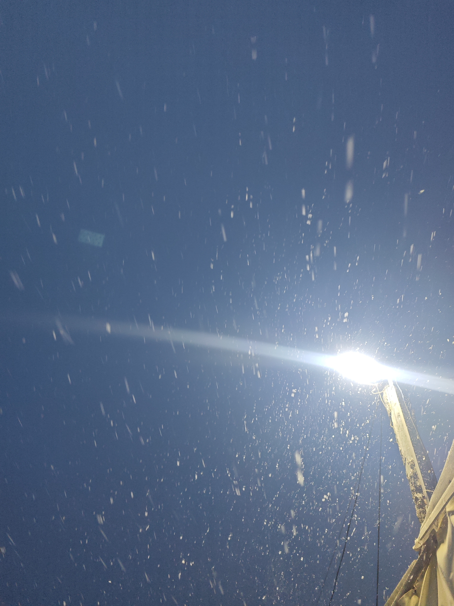 The image captures a winter scene at night in an urban environment. Falling snow is illuminated by a bright street lamp, creating a halo effect. The sky is a deep blue. The street lamp is positioned on the right side of the frame and appears to be mounted on a pole. No people or other subjects are visible. The location is listed as Unknown, Russia.