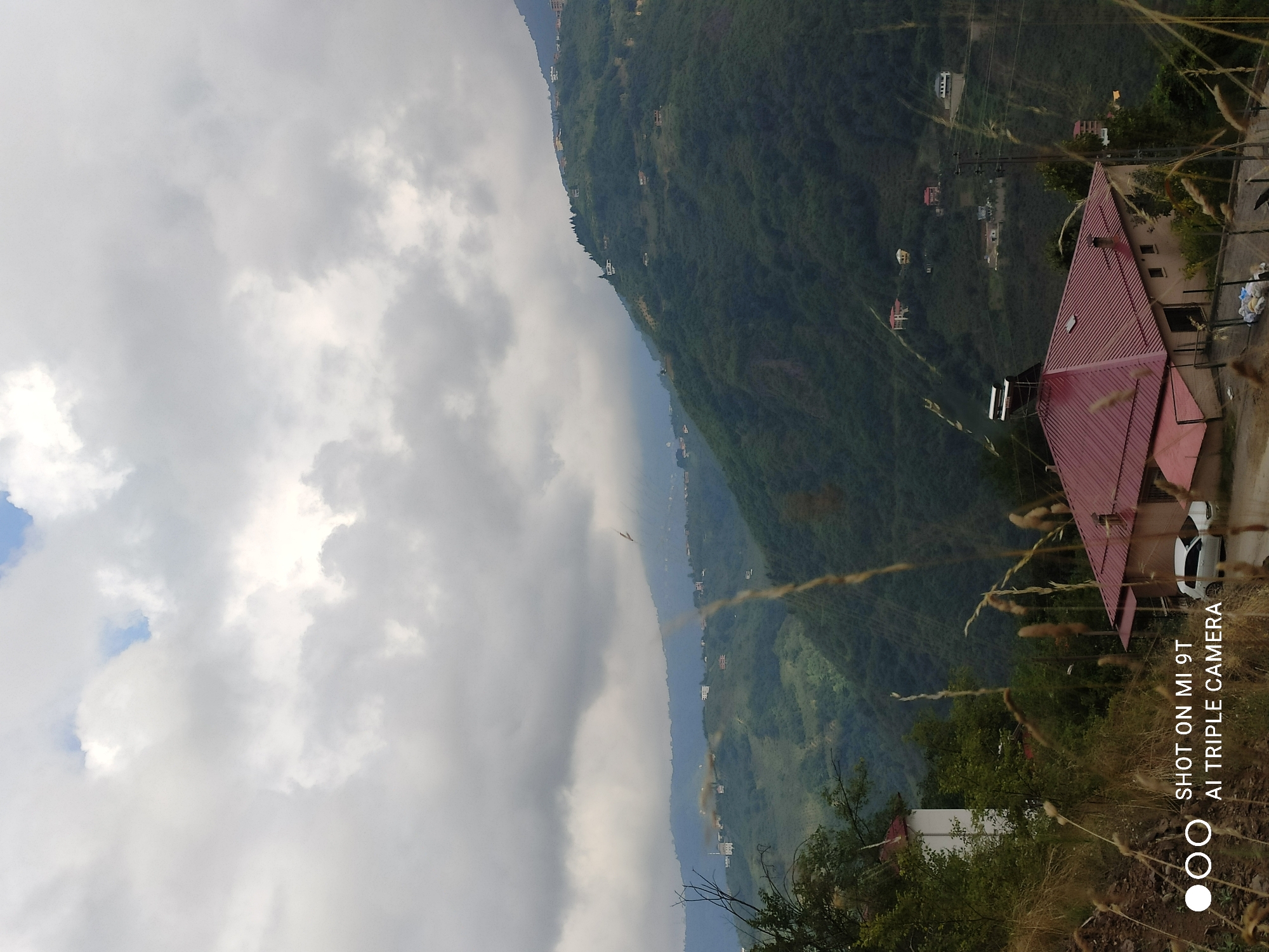 A wide-angle, vertical shot captures a lush, mountainous landscape in Akçaabat, Turkey, under a cloudy sky. The foreground features a red-roofed house and a white building. The middle ground shows rolling green hills dotted with scattered houses. In the background, more distant mountains are shrouded in haze, with a few houses visible on their slopes. Tall, dry grass stalks are prominent in the foreground and mid-ground, adding texture to the scene. The image is characterized by a muted color palette dominated by greens and grays, with hints of blue from the sky peeking through the clouds. The lighting is diffused, suggesting an overcast day. No people are visible in the frame. The overall impression is one of a rural, mountainous settlement in Turkey.