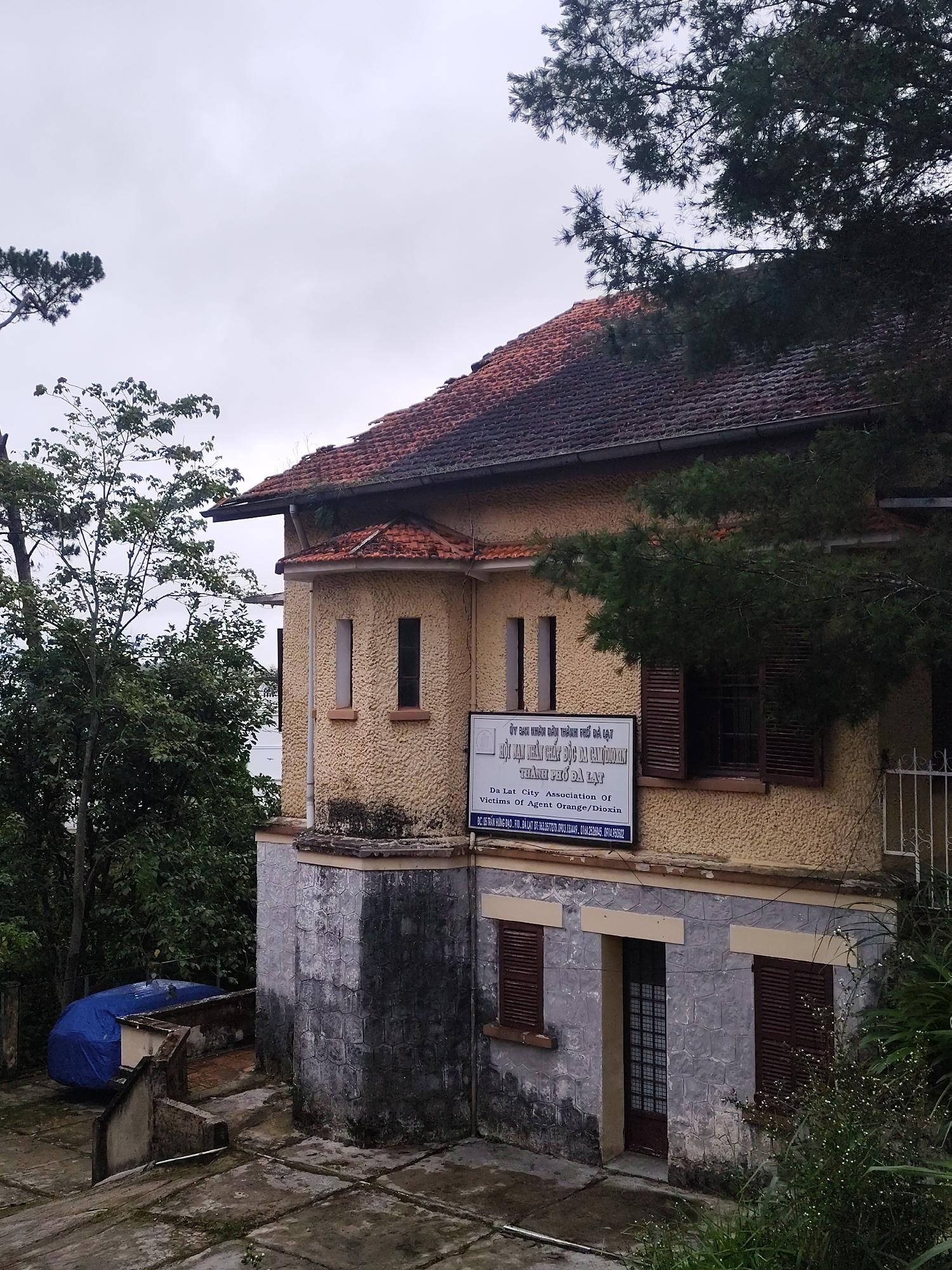 The image depicts the Da Lat City Association of Victims of Agent Orange/Dioxin, a building in Da Lat, Vietnam. The building is a two-story structure with a yellow, textured stucco facade on the upper level and a gray, stone-like textured lower level. The roof is made of red tiles and appears weathered. Dark brown shutters are visible on the windows. A white sign with Vietnamese and English text is affixed to the upper facade. Trees, including a pine tree with long needles and lush green foliage, surround the building. In the foreground, a concrete patio area is visible, along with a blue tarp covering an object. The sky is overcast, suggesting a cloudy day. The overall impression is of an older, possibly slightly neglected building set within a natural, wooded environment.