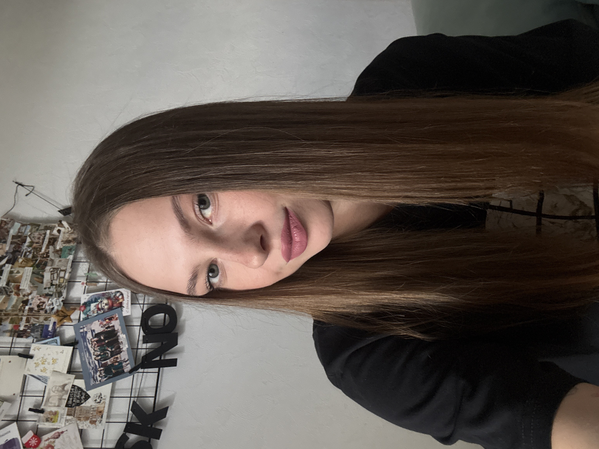 A young woman with long, straight, brown hair is shown in a medium shot, looking directly at the camera. She has light-colored eyes and is wearing pink lipstick. She is dressed in a black t-shirt. Behind her, a white wall is visible, adorned with a black wire grid. Attached to the grid are various photographs and postcards. To the left of the woman, the letters "SK" and "NO" are attached to the grid, appearing to be part of a word or phrase. The overall lighting suggests an indoor setting. There is no visible indication of the city of Perm, Russia.