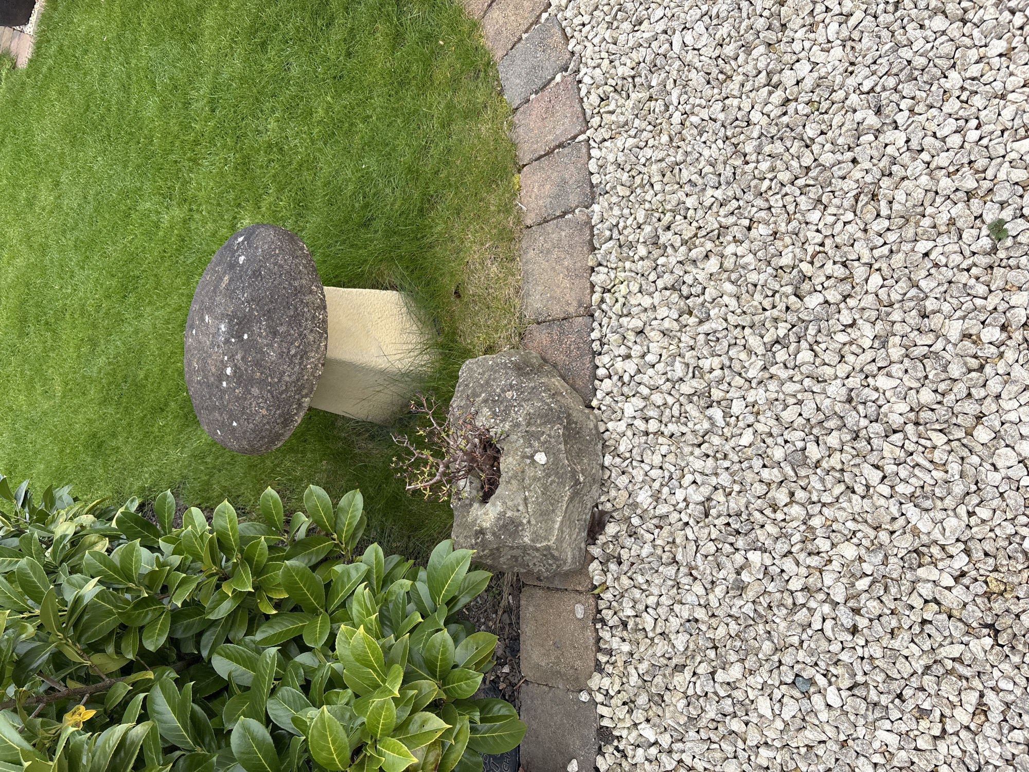 The image presents a close-up, ground-level view of a section of a garden or landscaping area. The scene is divided into distinct zones. On the left is a patch of green grass, bordered by a line of rectangular stone bricks. A stone mushroom sculpture, with a dark gray cap and a light gray stem, sits on the grass. Near the stone bricks, there's a natural stone planter containing a small, dried-up shrub. To the bottom-left, a dense green bush is visible. On the right of the stone bricks, an expanse of white gravel covers the ground. The overall scene conveys a neat, well-maintained outdoor space. Location details are not discernible to confirm it is Longden, United Kingdom.