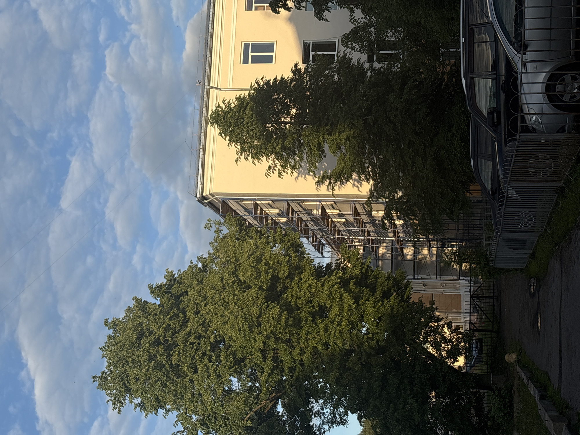 The image is a portrait-oriented photograph, appearing as if rotated 90 degrees clockwise from a standard landscape view. The left side of the frame is dominated by a bright blue sky, scattered with large, fluffy white and grey clouds. Thin power lines are visible stretching across the sky.
To the right of the sky, a multi-story building with a light yellow or cream-colored facade occupies a significant portion of the mid-ground. The building features several rectangular windows, some reflecting the bright sky. Its roofline and a gutter system are visible along the upper edge of the building. Below the main windows, a series of external structures, possibly balconies or scaffolding, run horizontally along the facade.
Large, vibrant green trees are prominent in the central and lower-left areas of the image, partially obscuring the building and extending into the sky. The foliage appears dense and healthy.
On the far right side of the image, two dark-colored cars, likely SUVs or vans, are partially visible, parked behind a dark metal fence. Only sections of the vehicles, including a wheel of the car furthest right, are discernible. The ground in the bottom-right corner is a paved area, possibly a street or driveway, with some patches of grass or weeds near the fence.
The lighting suggests either late afternoon or early morning, with bright sunlight casting distinct shadows on the building and highlighting the cloud edges. The weather is clear and sunny. There are no people visible, and no discernible text. The scene depicts a calm, everyday urban or suburban environment in Veliky Novgorod, Russia.