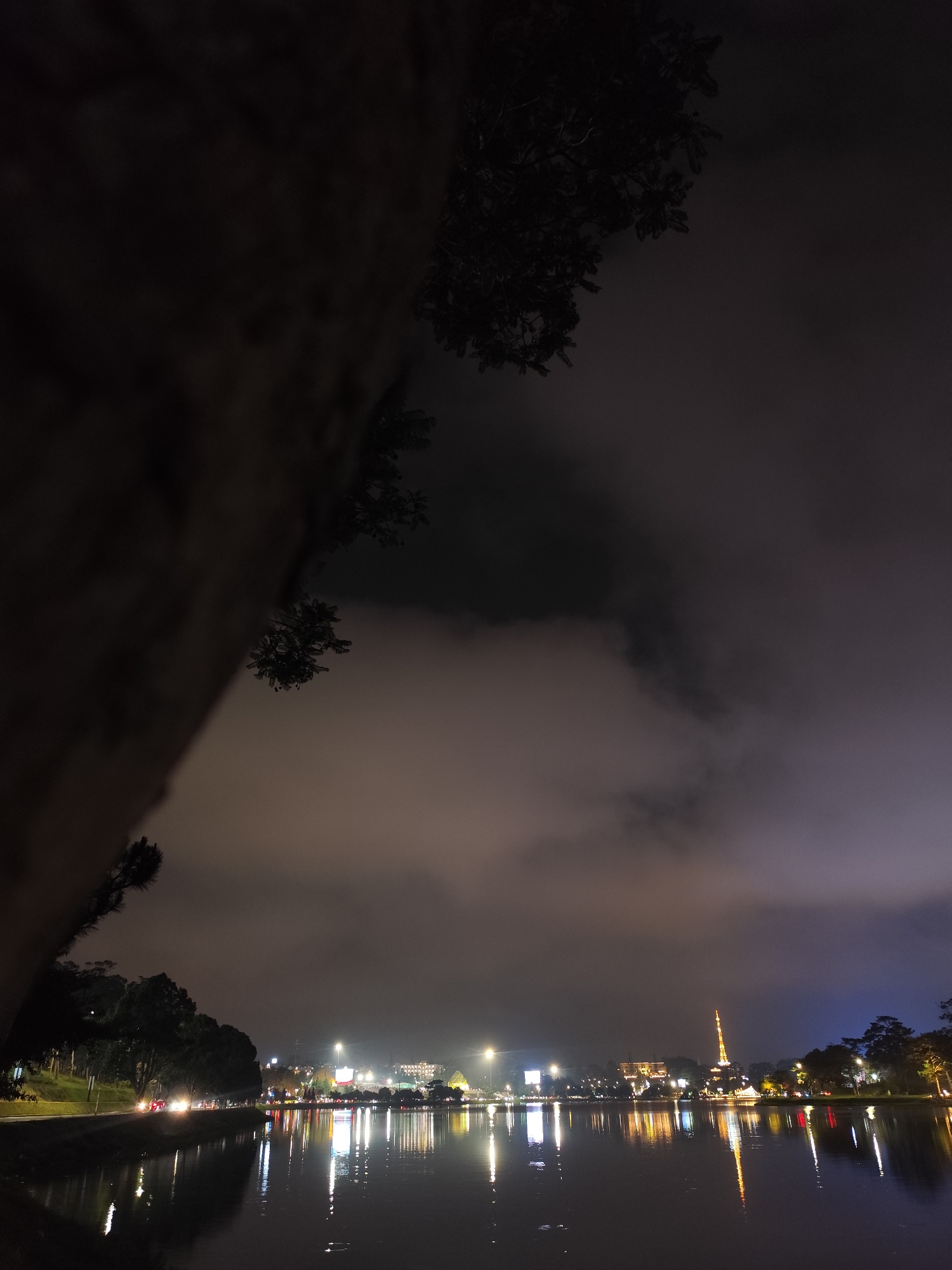 A nighttime scene captures the Xuan Huong Lake in Da Lat, Vietnam. The body of water reflects the ambient light of the city, with illuminated buildings and streetlights shimmering on the lake's surface. A tall, pointed structure, possibly a telecommunications tower, is visible in the background. Dark foliage from trees frames the image on the sides and top, partially obscuring the view of the sky. The sky itself is overcast, with a mix of dark clouds and illuminated patches, suggesting a damp or foggy atmosphere. A road runs along the lake's edge, with faint hints of vehicles in the distance.