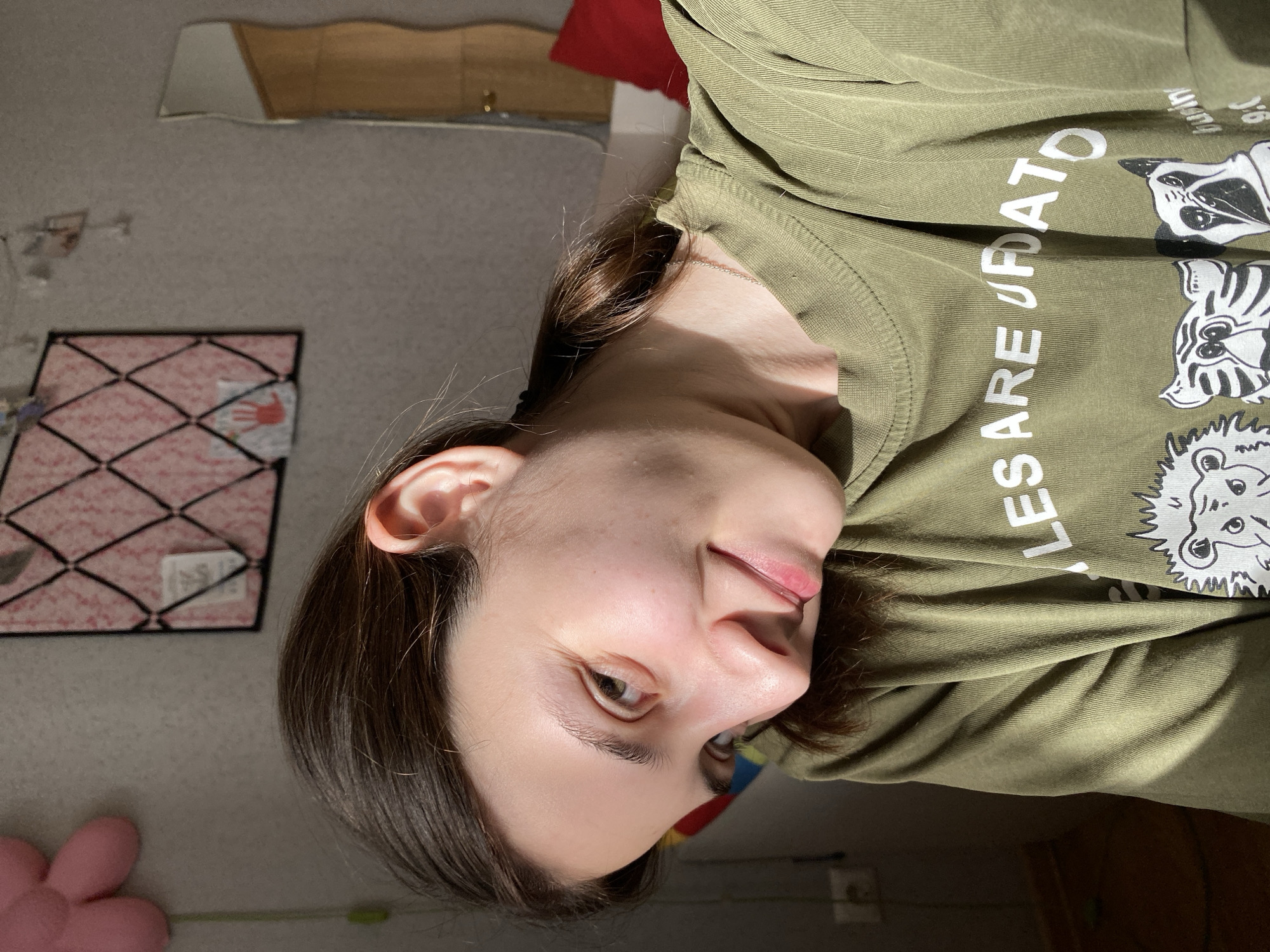 A woman with brown hair and light skin is facing the camera, wearing an olive green shirt with cartoon animal illustrations and the words "LES ARE UPDATO" printed on it. She is positioned at an angle, her head tilted to the left. The background includes a wall with a decorative pink and black patterned frame, part of a wooden cabinet or shelf, and a pink flower-shaped object. There's no information available to deduce the specific location within Votkinsk, Russia.